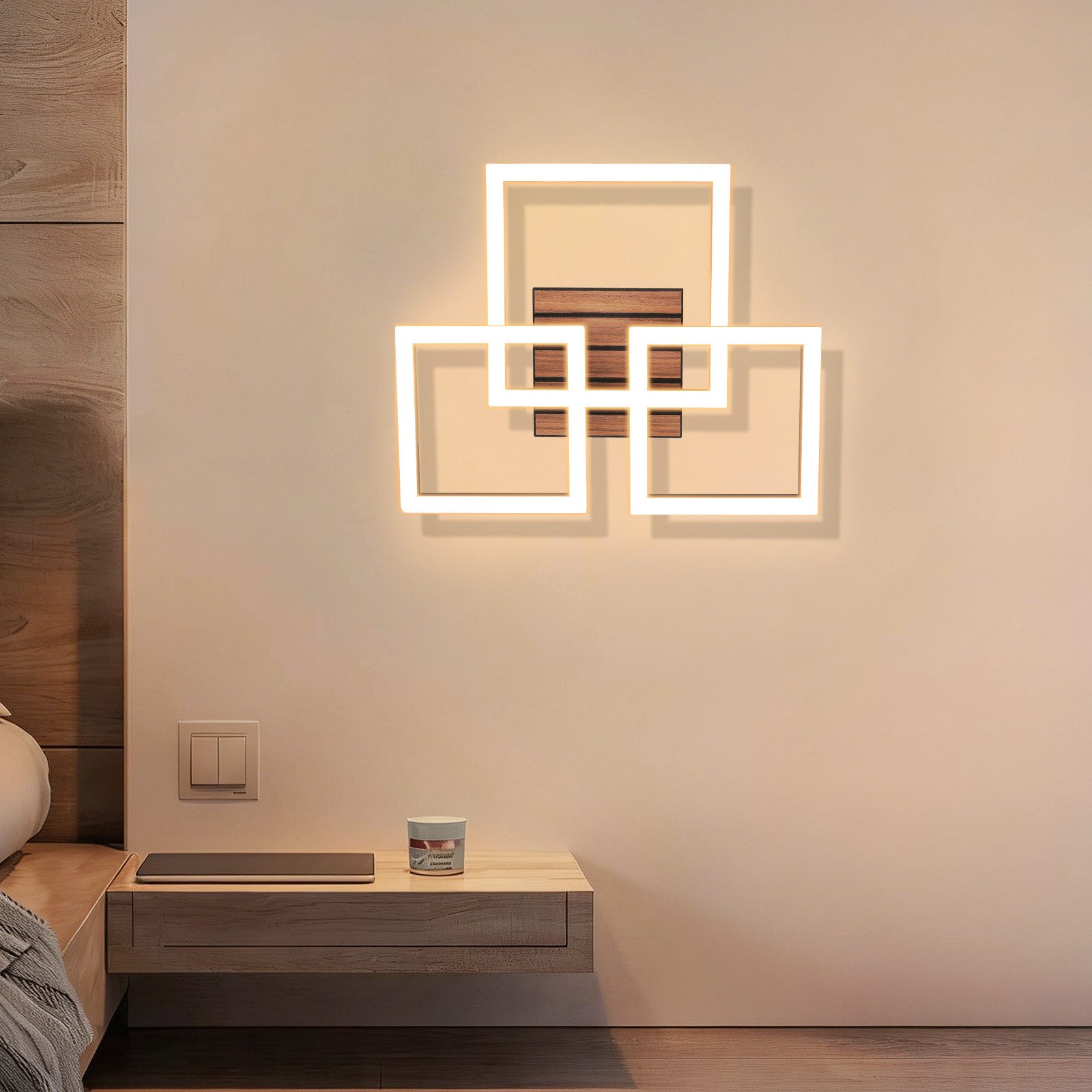 ZMH Deckenleuchte LED Warmweiß 21W Quadrate Holz Deckenlampe für Schlafzimmer & Flur, LED fest integriert, Warmweiß, Die Leuchte eignet sich für Räume von 8-15 Quadratmetern.