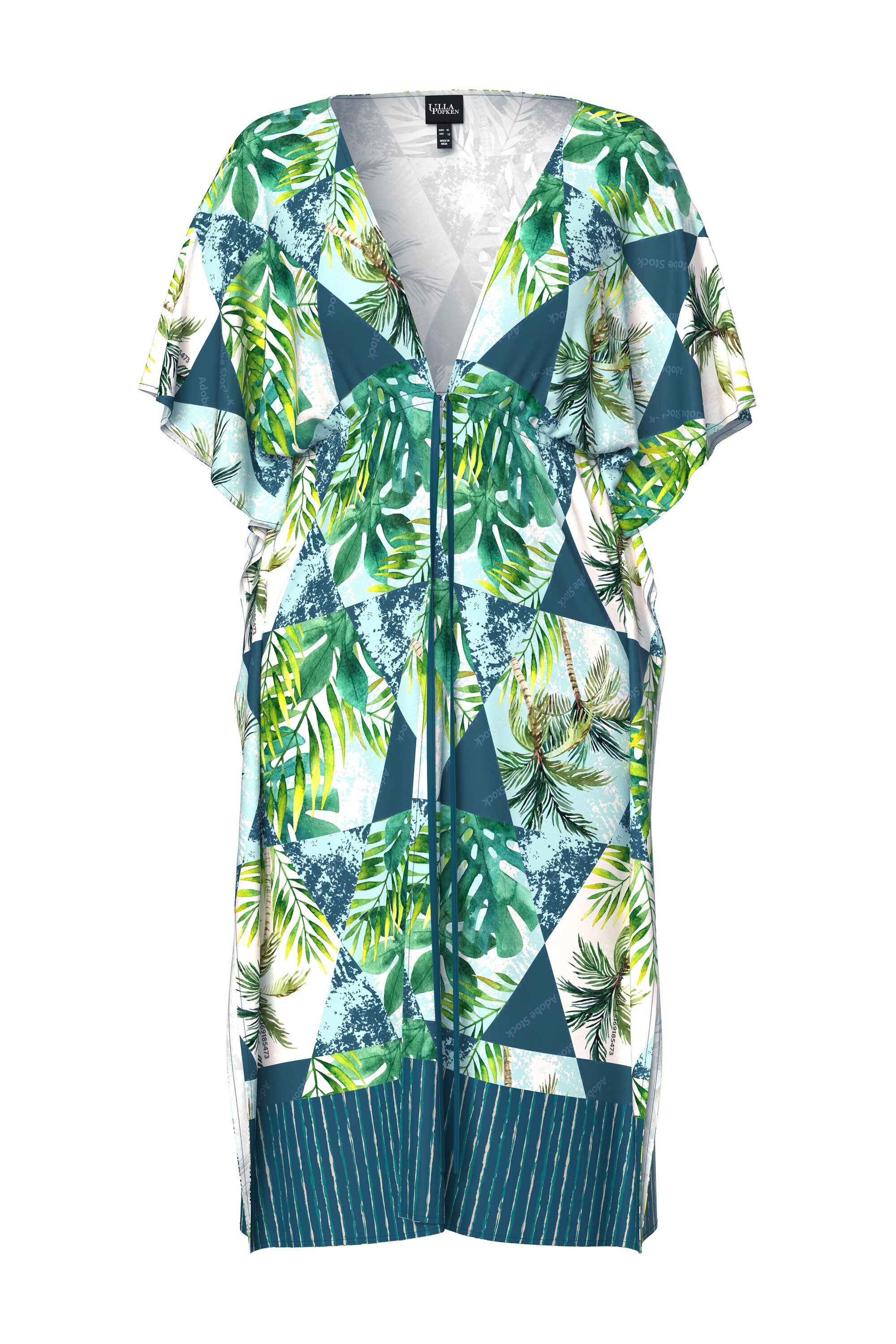 Ulla Popken Strandkleid Kaftan Palmen V-Ausschnitt Halbarm günstig online kaufen