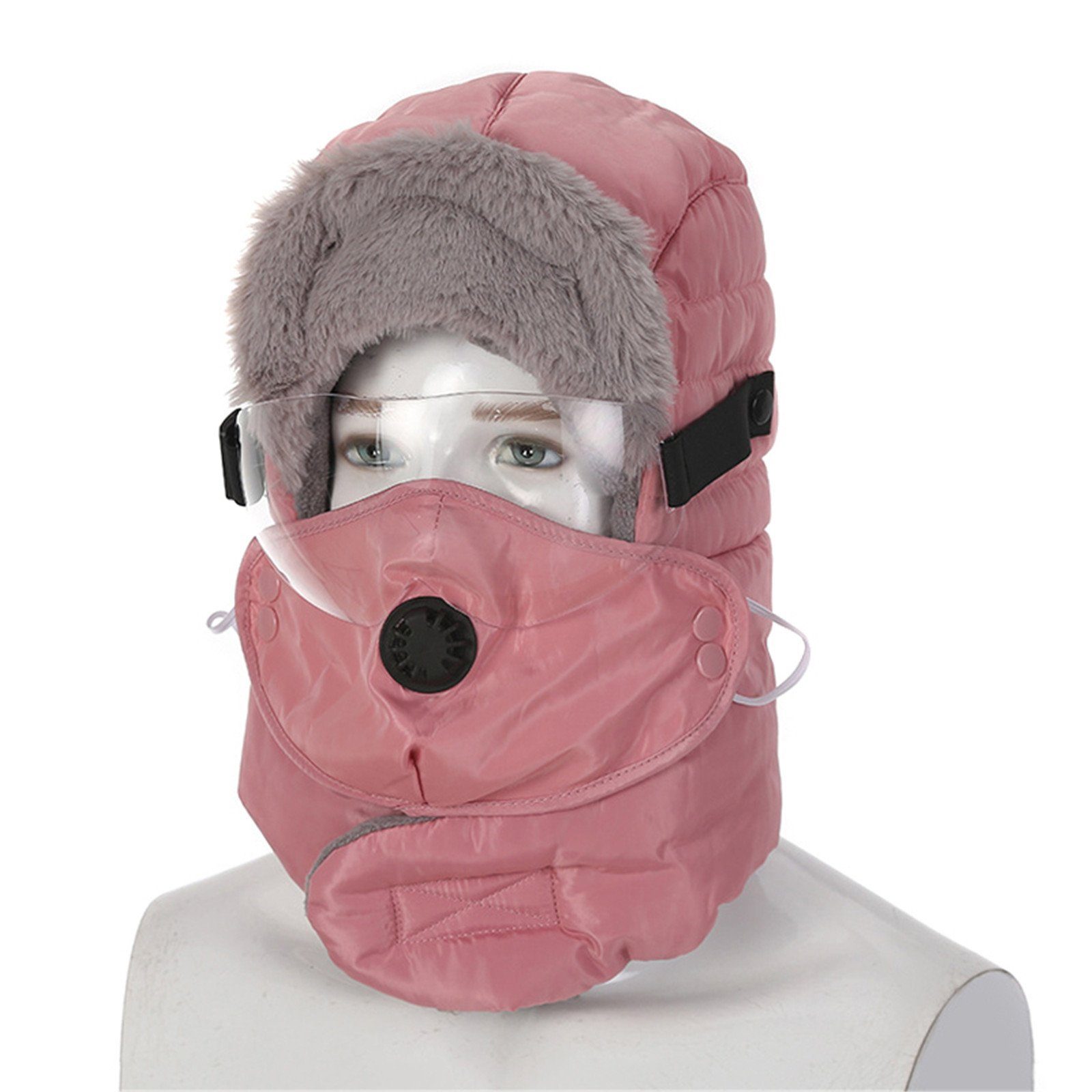 Blusmart Fleecemütze Wintermütze Gesichtsschutzbrille Dreiteiliges Set Mit Atemventil Warm mit Brille rosa