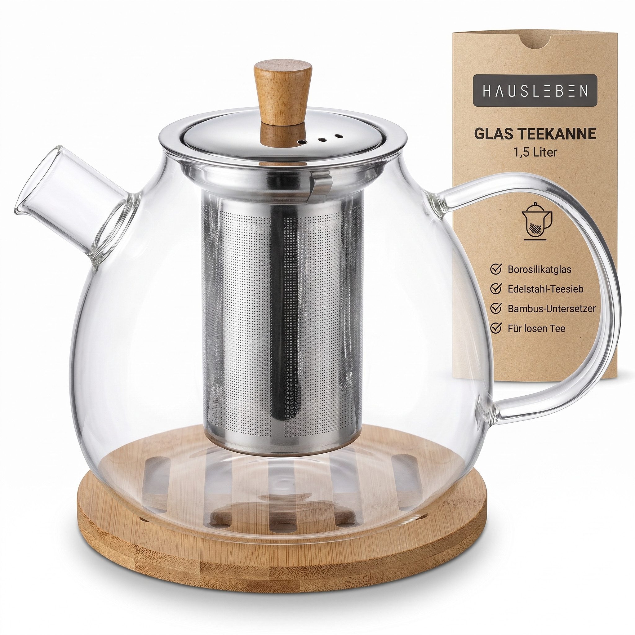 hausleben Teekanne Glas mit Edelstahl-Sieb Untertelle 1,5 Liter, (1-St), Bambus Unterteller Tropffrei, Hitzebeständig, Spülmaschinenfest
