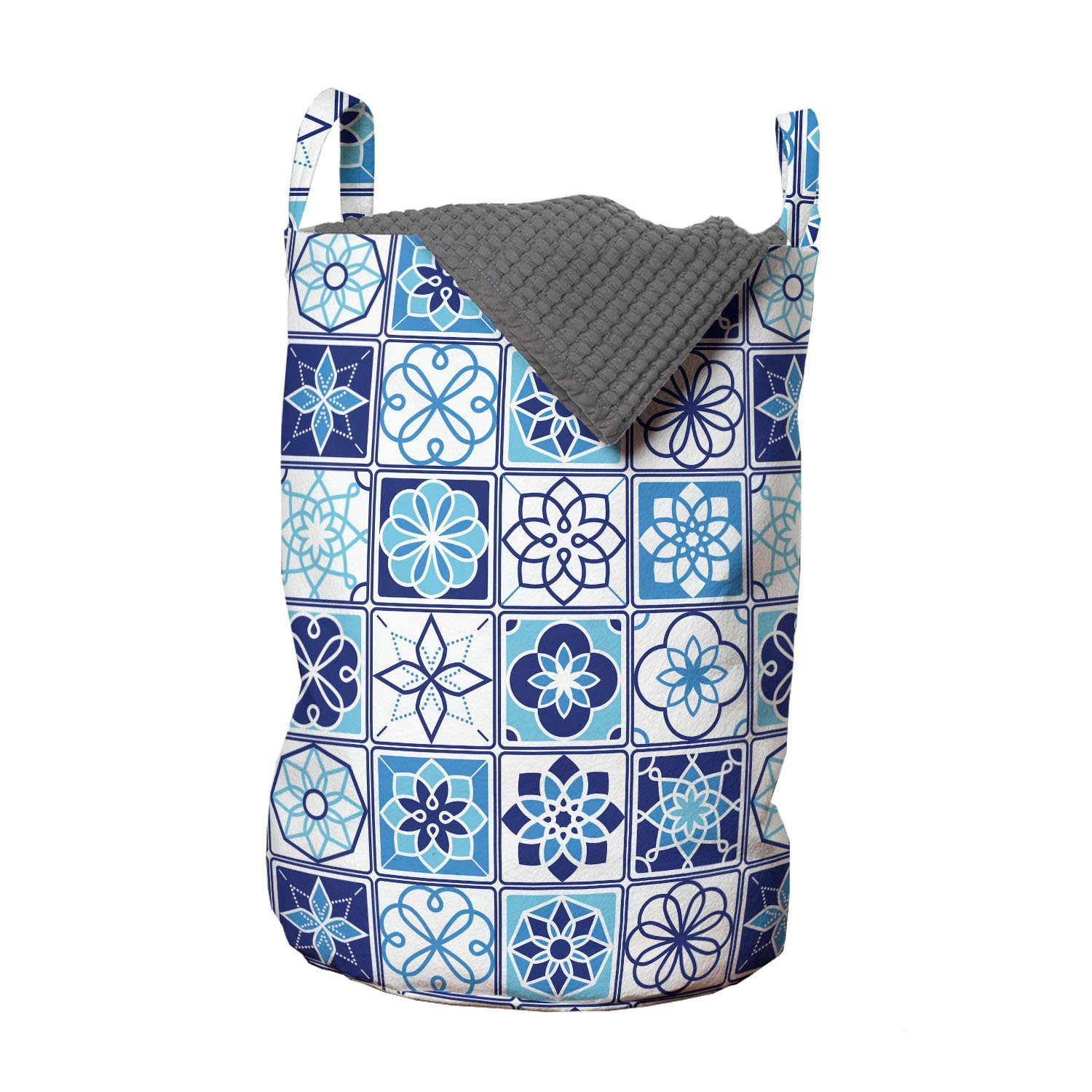 Abakuhaus Wäschesäckchen Wäschekorb mit Griffen Kordelzugverschluss für Waschsalons, Azulejo Blumenmotiv Squares