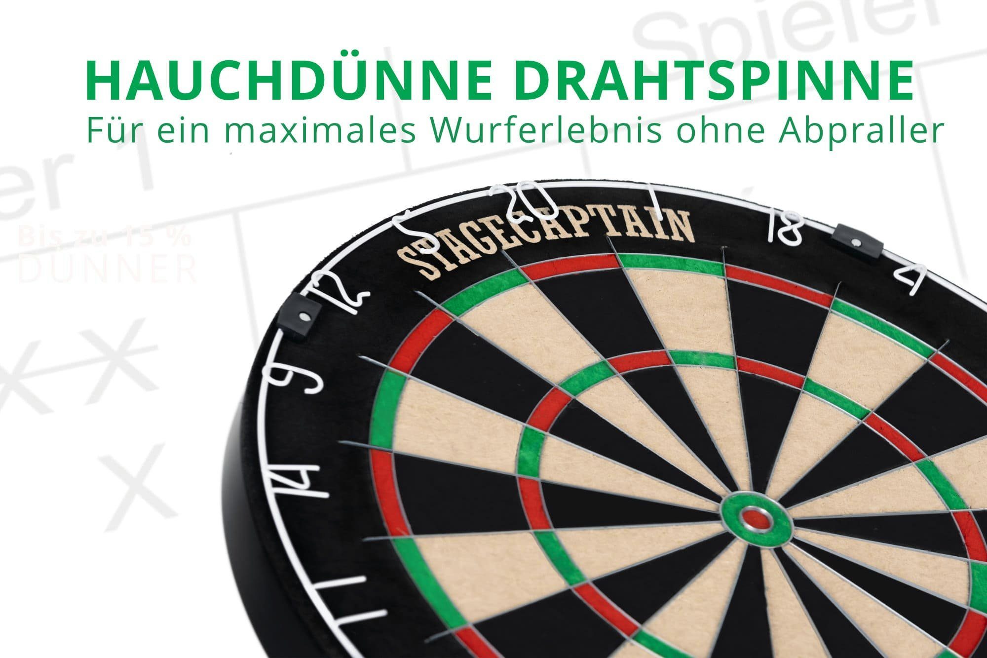 Dartpfeilen Dartmatte, Dartscheibe inkl. Stagecaptain und Drähten (Dartboard-Set, aus BullsEye mit Pro, 6 Catchring, dünnen Flights), Sisal Steeldartscheibe DBS-1715 12