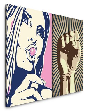 Sinus Art Leinwandbild 2 Bilder je 60x90cm Revolution Faust Pop Art Modern Girl Pink