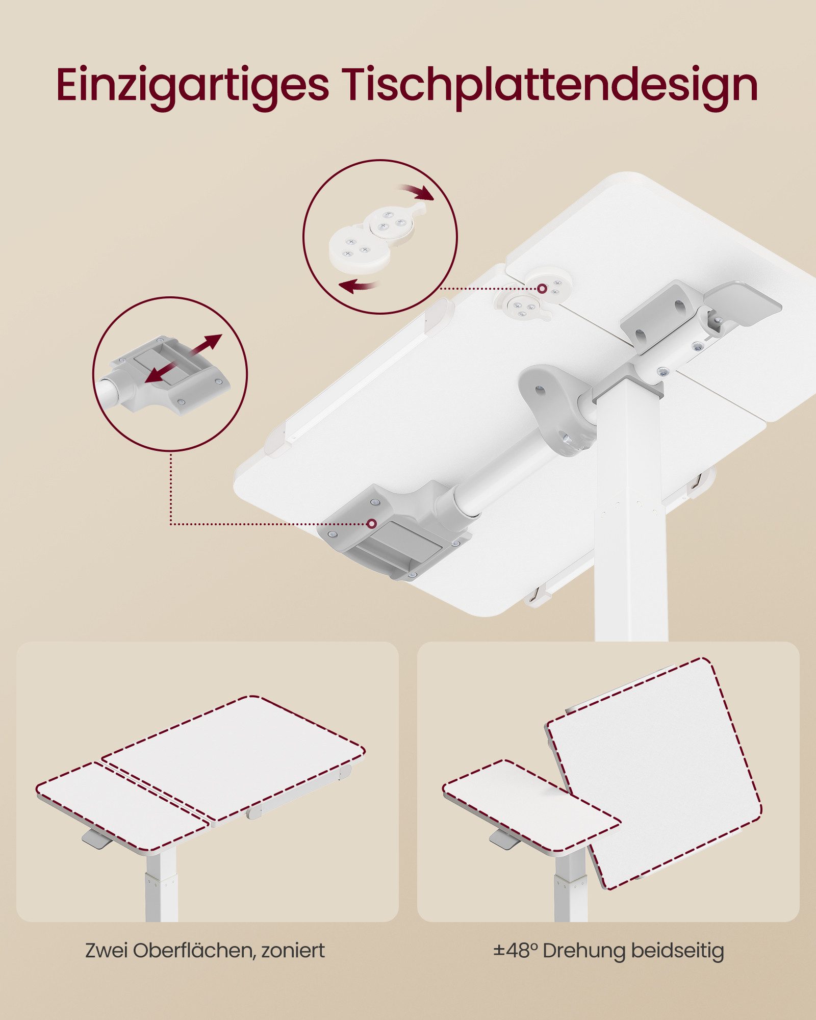VASAGLE Schreibtisch Höhenverstellbarer Laptoptisch mit Rollen und Neigbarer Tischplatte, 70 x 40 x 68-102,5 cm Weiß – Bild 3 von 5