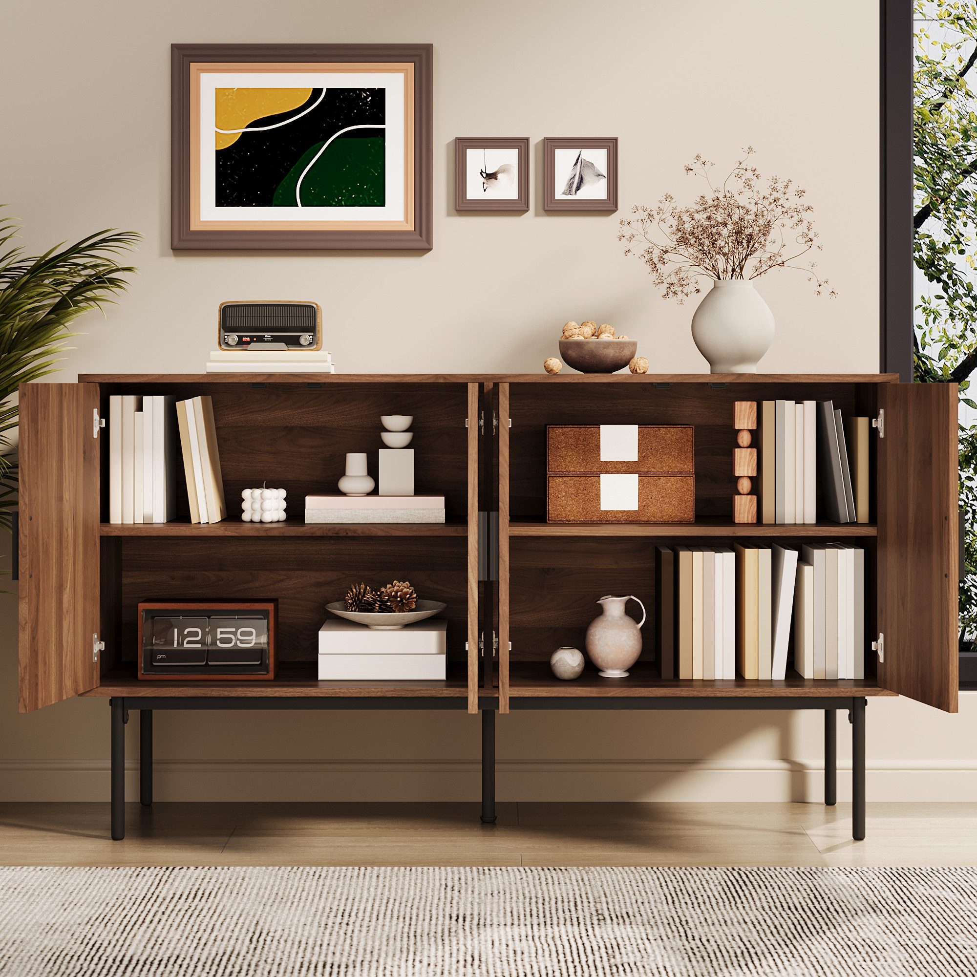 Merax Sideboard mit 4 Türen, Rattanfurnier und Walnussholz-Optik (1 St., Au günstig online kaufen