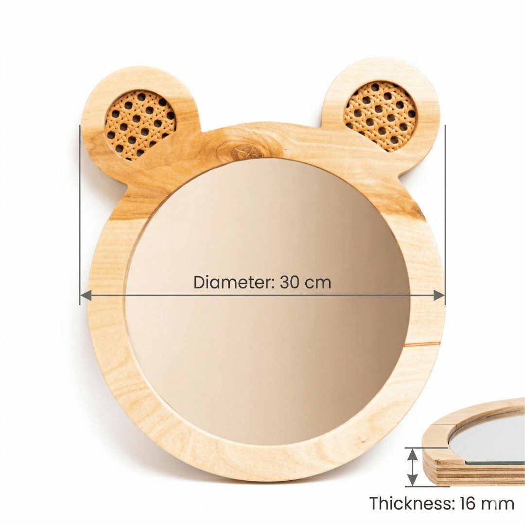 COZYCOLLECTIONS Babyspiegel Bären-Spiegel Ø30 cm, Naturholz/Rattan, Montessori-Boho (Wandspiegel / Dekospiegel (1-teilig), 1-St., 1 Spiegel (Bärenform) inkl. Montageset), Montessori: bruchsicherer Spiegel stärkt Selbstwahrnehmung