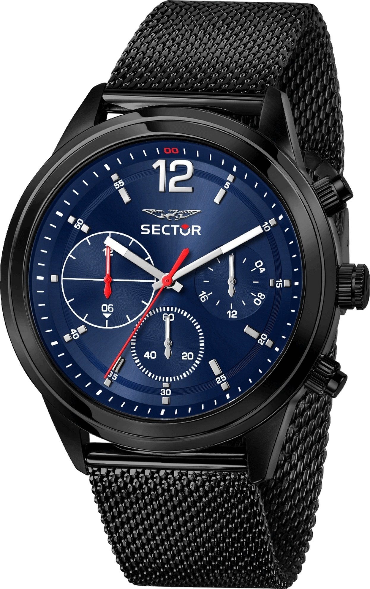 Herren Sector Edelstahlarmband Multifunktionsuhr rund, groß schwarz Armbanduhr (ca. 45,5x39mm), Sector Armbanduhr Multifunkt, Herren