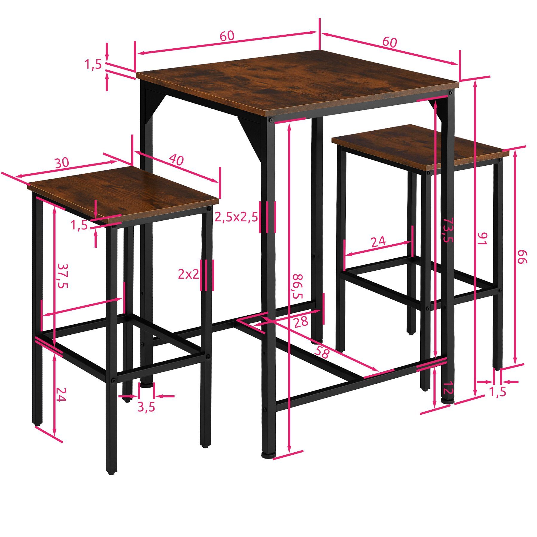 tectake Stehtisch Inverness (1-St., Oberfläche dunkel, | robuste tlg), Industrial Holz rustikal 3 braun