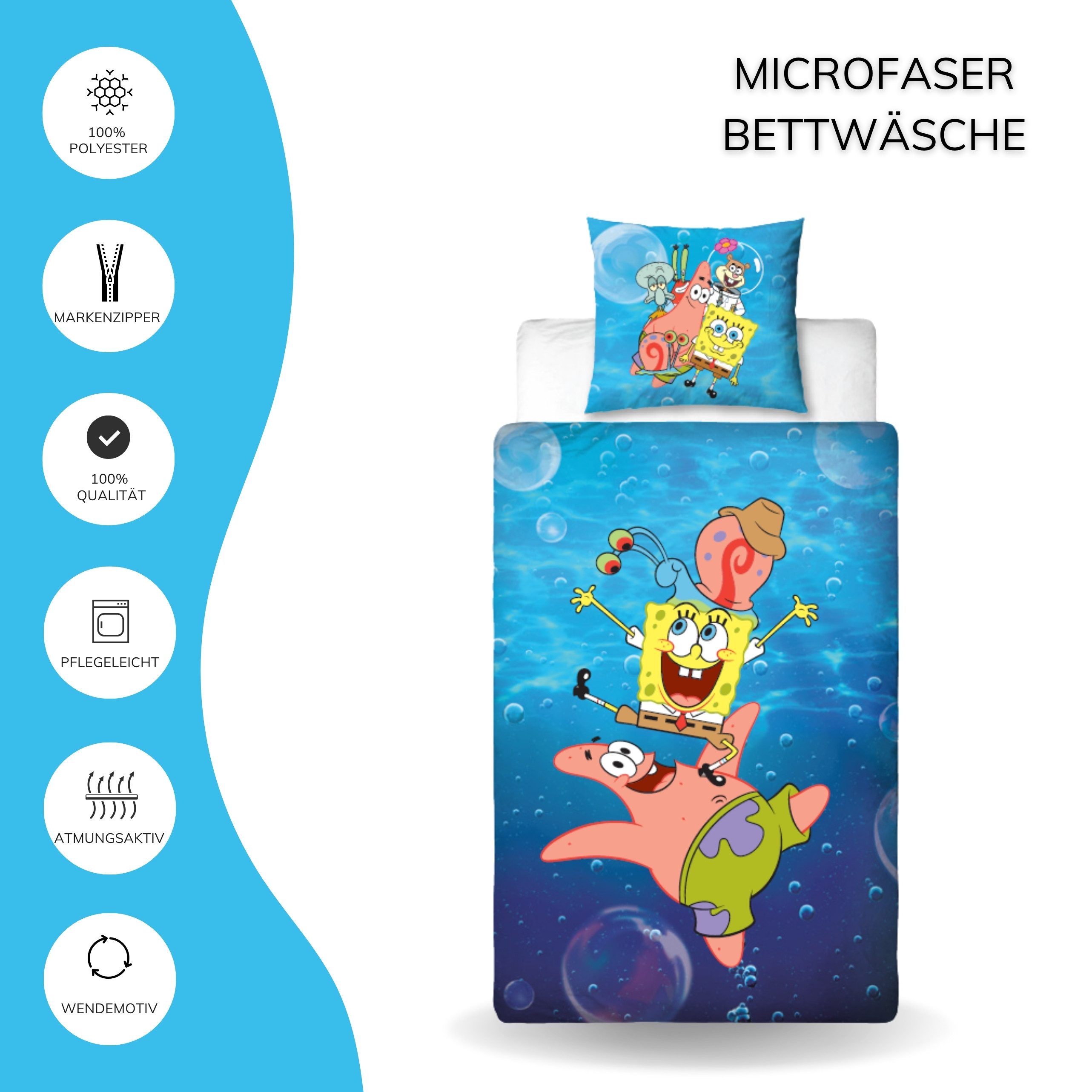 MTOnlinehandel Kinderbettwäsche Schwammkopf SpongeBob, Wende-Motiv für Kinder, Patrick und Gary, Mikrofaser, 2 teilig, 80x80 cm x 135x200 cm, für Jungen und Mädchen