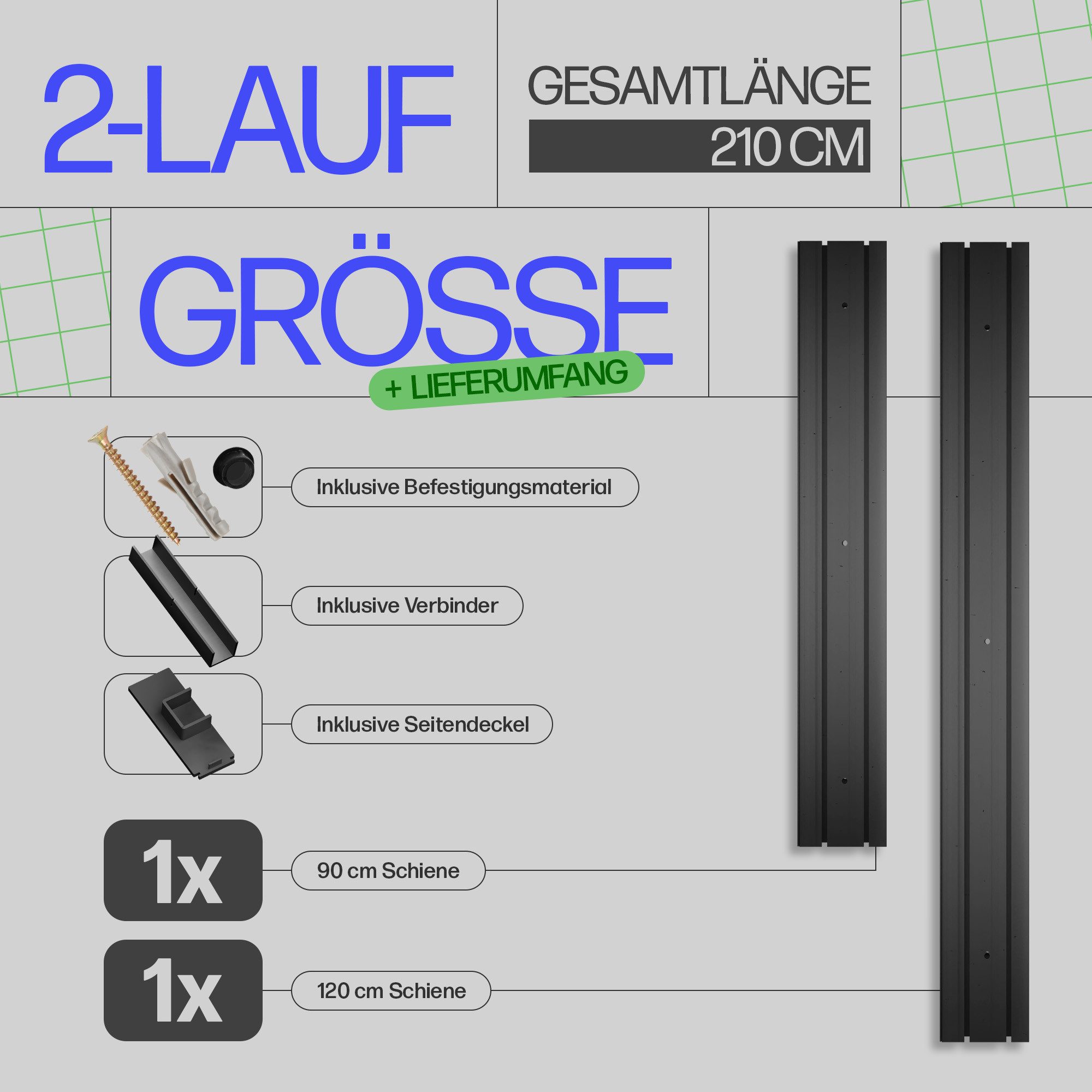 Bestlivings Gardinenschiene Komplettset montagefertig, 2-läufig, 210 cm (1x90 cm/1x120 cm), mit Bohren, verschraubt, Kunststoff, inkl. Befestigungsset, Schwarz, flach, kürzbar, Made in EU