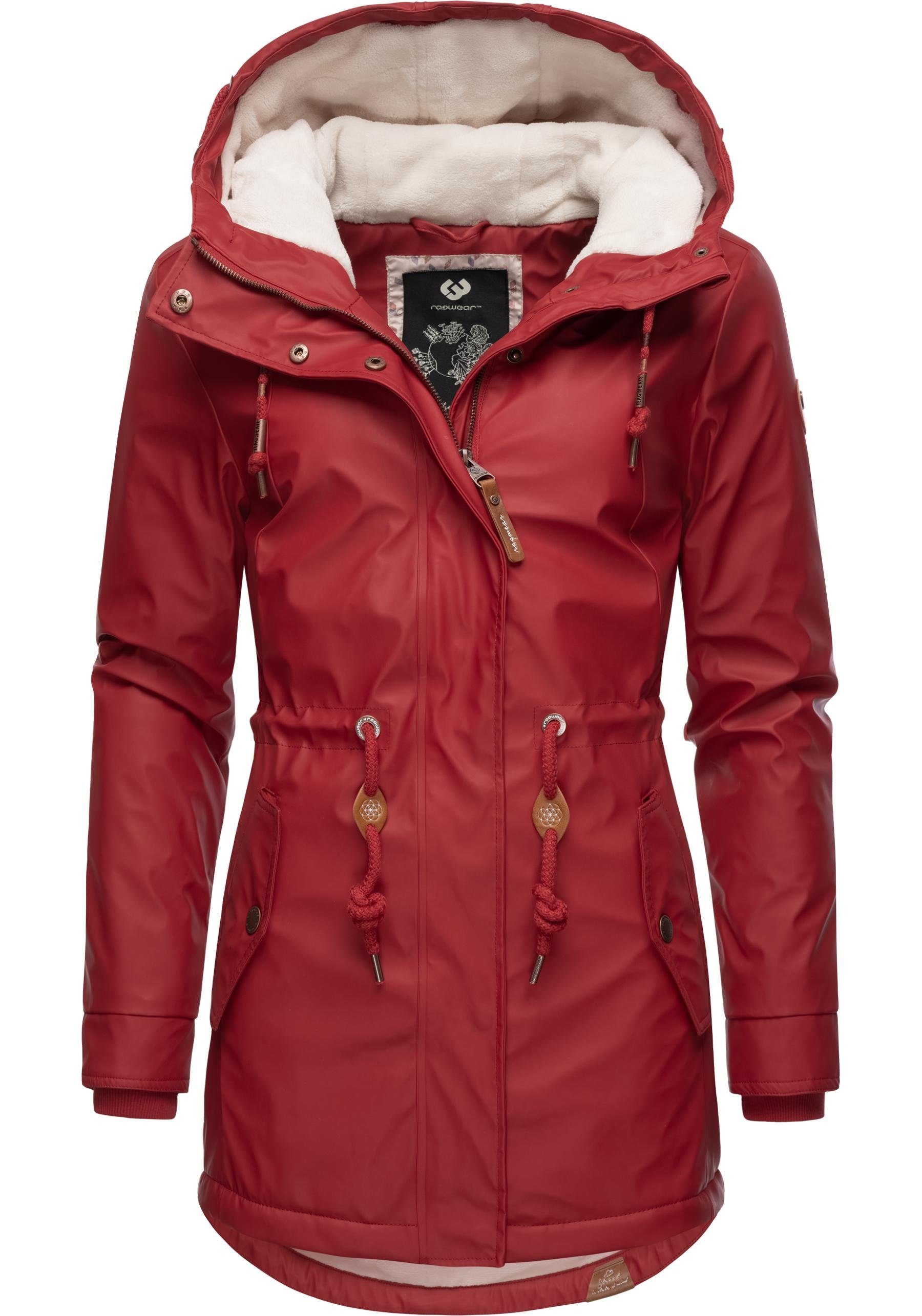 Innenfutter Ragwear mit Intl. rot kuschligem Rainy Regenmantel Regenparka modischer Monadis