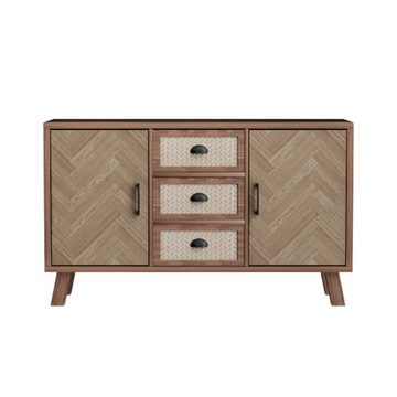 FUROKOY Sideboard Schönes Fischgrätenmuster Sideboard aus Massivholz, Dekorativer Schrank Organizer mit 3 Schubladen 2 Türen,Breiten 120cm