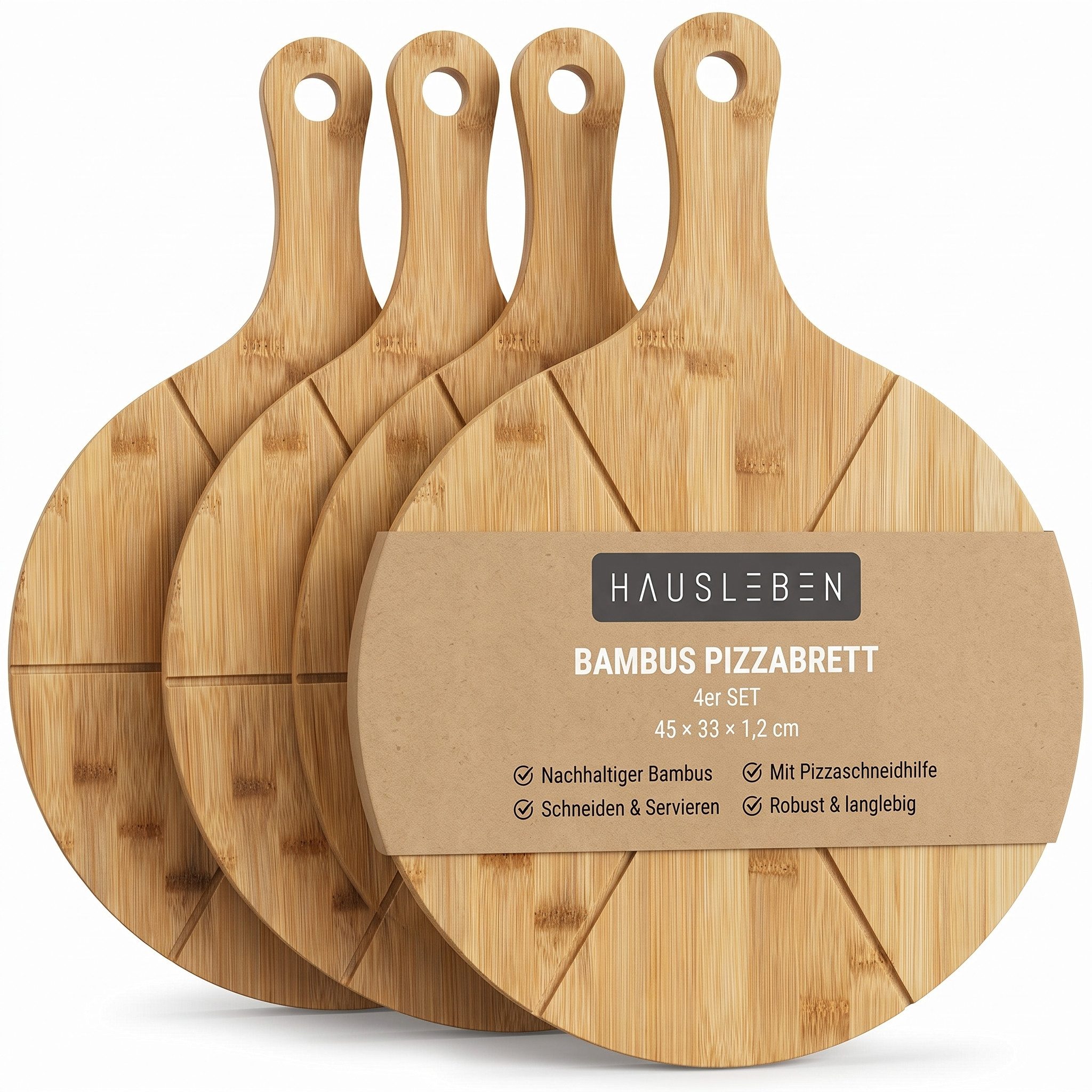 hausleben Pizzaschneidebrett Pizzabrett - Rundes Schneidebrett mit Griff und Schneiderillen, Bambus Pizzabrett, (Holz Pizzateller für Flammkuchen, 4-St., 2 Servierplatten), Holzteller Servierbrett für Pizza, Leicht zu Reinigen