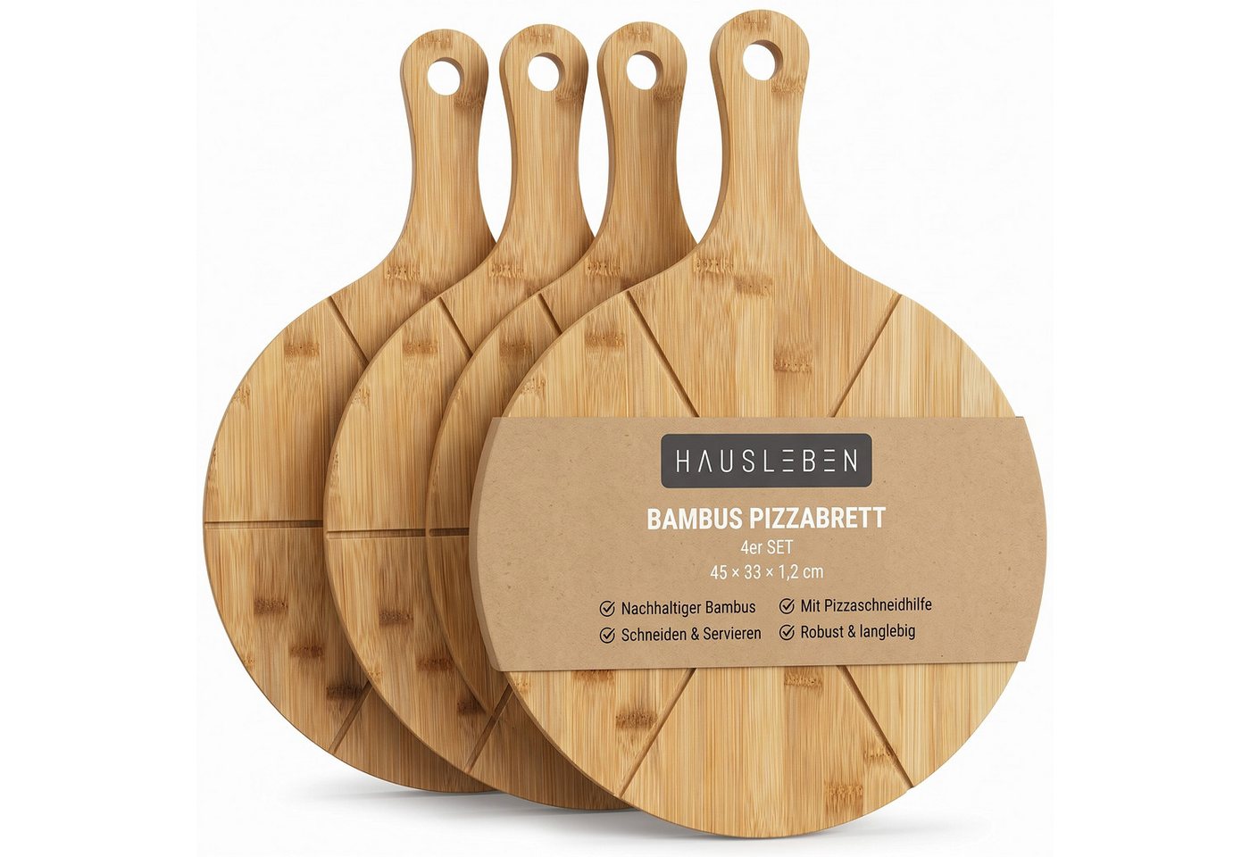 hausleben Pizzaschneidebrett Pizzabrett - Rundes Schneidebrett mit Griff und Schneiderillen, Bambus Pizzabrett, (Holz Pizzateller für Flammkuchen, 4-St., 2 Servierplatten), Holzteller Servierbrett für Pizza, Leicht zu Reinigen