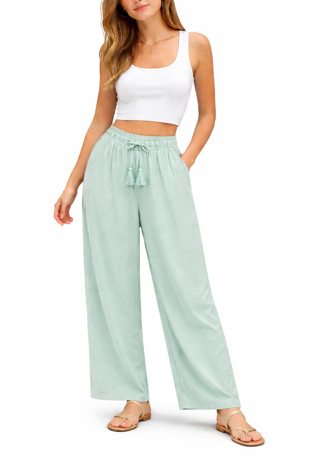 SUBLEVEL Chinos Damen Luftige Sommerhose Freizeit Weit geschnitten Stoffhose Musselin
