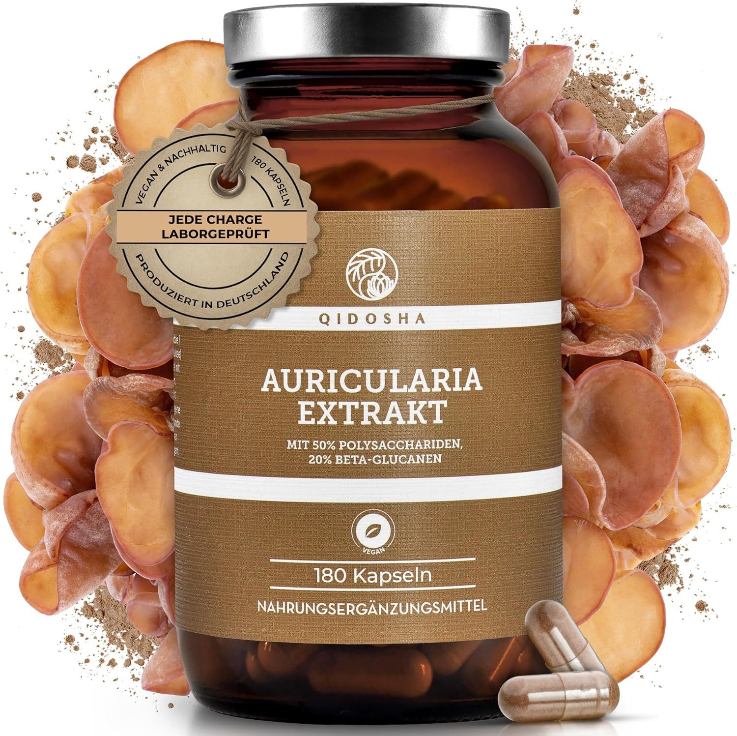 QIDOSHA Auricularia Extrakt Kapseln, hochreiner Auricularia Extrakt mit 500mg je Kapsel, davon 50% Pilz-Polysaccharide, 20% Beta-Glucane, Judasohr Kapseln à 180 St., 107.1 g