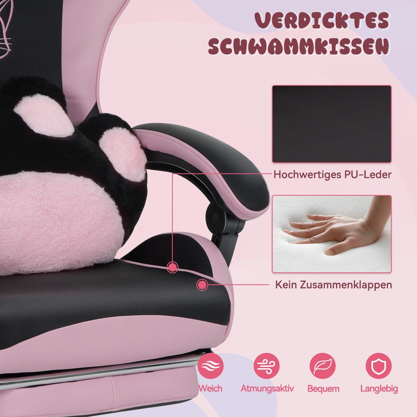 Puluomis Gaming-Stuhl Bürostuhl Ergonomisch mit Katzenpfote Lendenkissen und Katzenohren (Gamer Stuhl, Racing Computerstuhl PC Stuhl mit Fußstütze Kopfstütze), für Mädchen, Teenager, Kinder, Pink