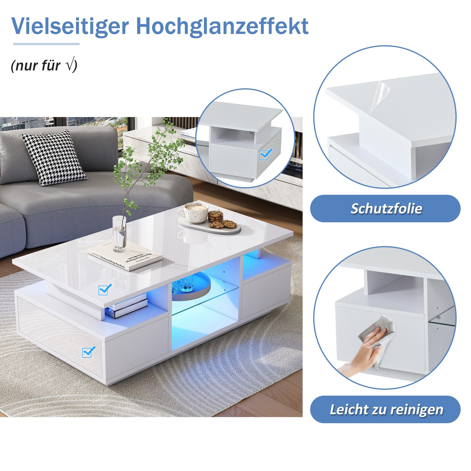 Merax Couchtisch hochglanz Sofatisch Beistelltisch mit LED-Beleuchtung (Kaffeetisch 100x50x36cm, 1-St), Wohnzimmertisch mit 2 Schubladen, Glasablagen & offenem  – Bild 4 von 5
