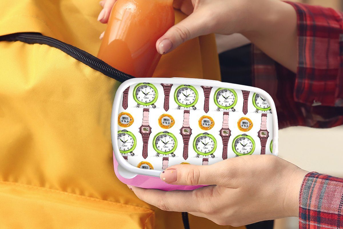 MuchoWow Lunchbox Wecker - Uhren Erwachsene, Stoppuhr Snackbox, Brotdose Kunststoff Kinder, Kunststoff, für Mädchen, Brotbox - Muster, - (2-tlg), rosa