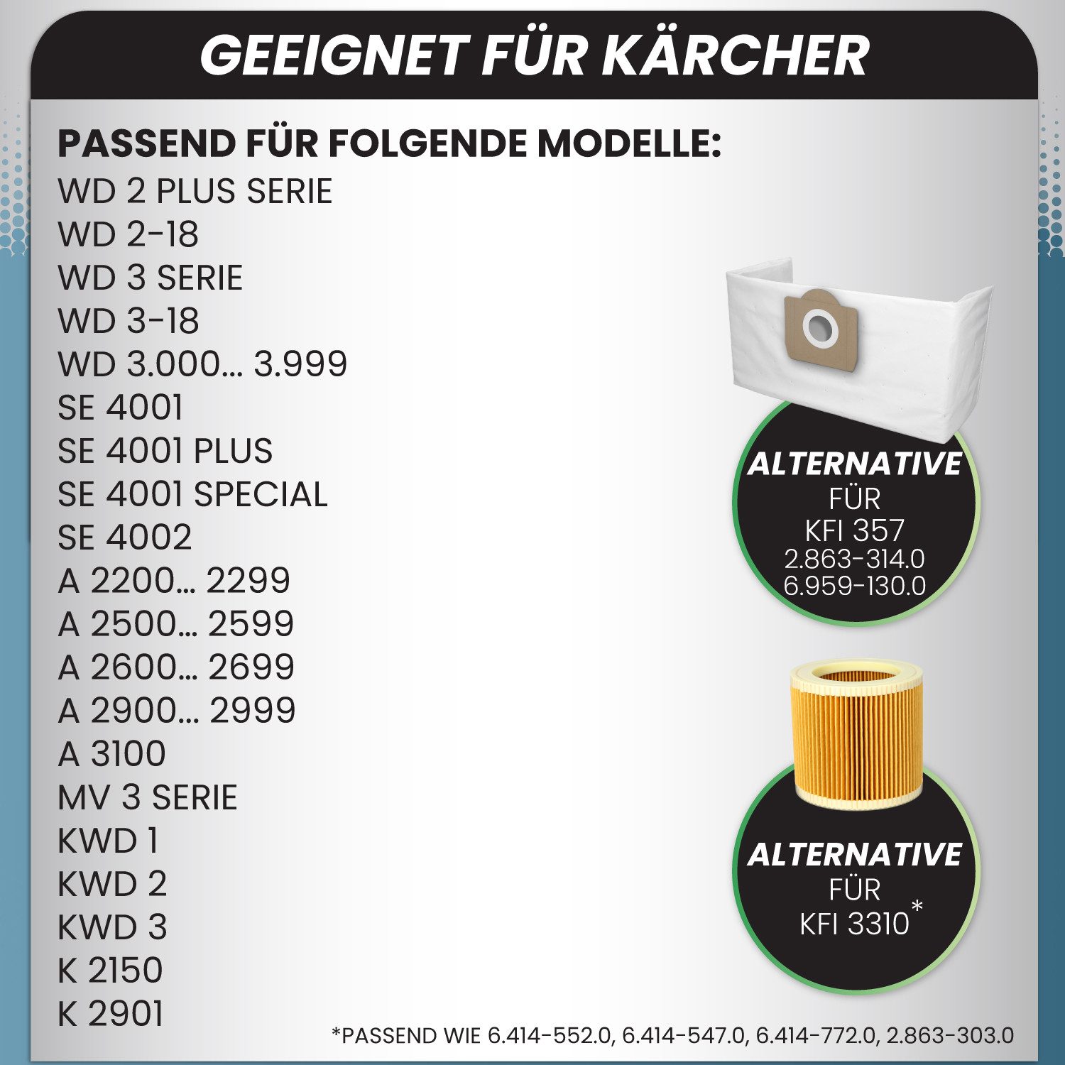 McFilter Staubsaugerbeutel (10 Stück) + 1 Filter, passend für Nass- Trockensauger Kärcher WD3 WD 3 und MV3 MV 3, A2604 A2204 A2254 Staubsauger, 11 St., Alternative für 6.959-130.0 (Beutel), 6.414-552.0 (Patronenfilter)