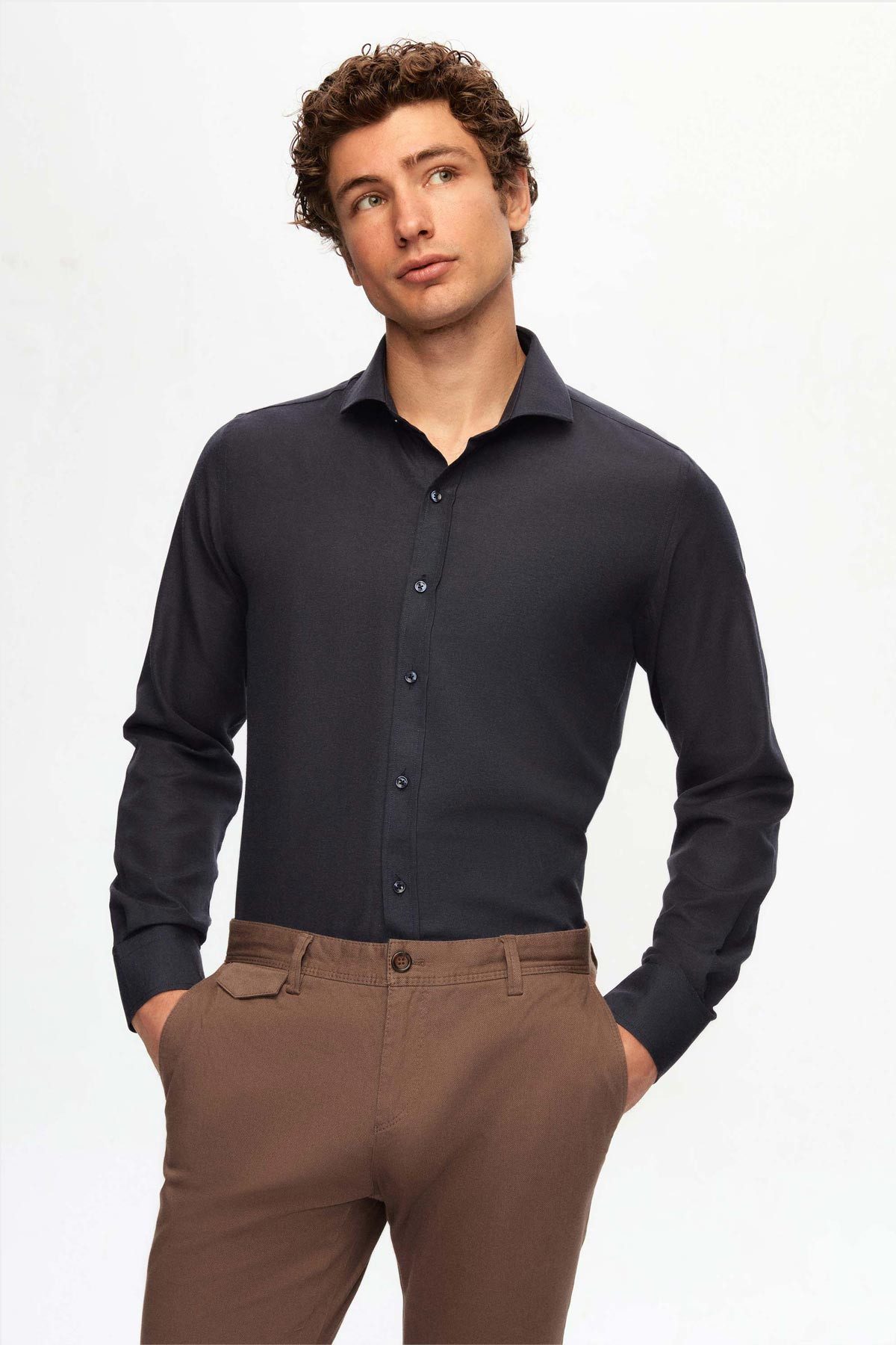 D'S DAMAT Frackhemd Ds Damat Slim Fit Braun/Italienischer Kragen Bügelleichtes 2-teiliges