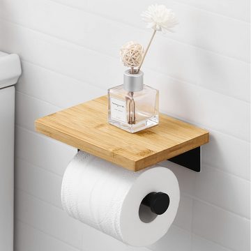 Caterize Toilettenpapierhalter ohne Bohren mit Bambus-Ablage Klopapierhalter Schwarz Klorollenhalter (1-St)