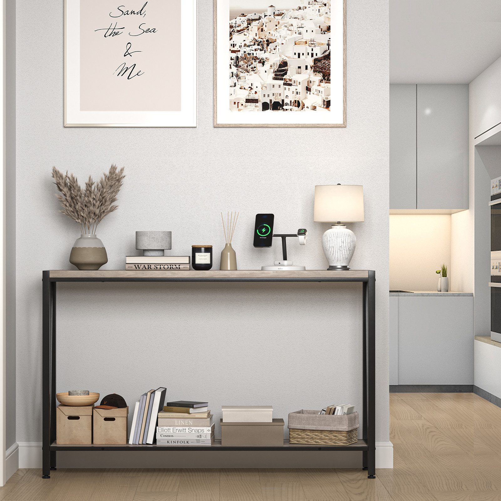 GarveeMore Konsolentisch Schmal Holz Konsolentisch,mit Stauraum, Holz und Metall Couchtisch – Bild 5 von 5