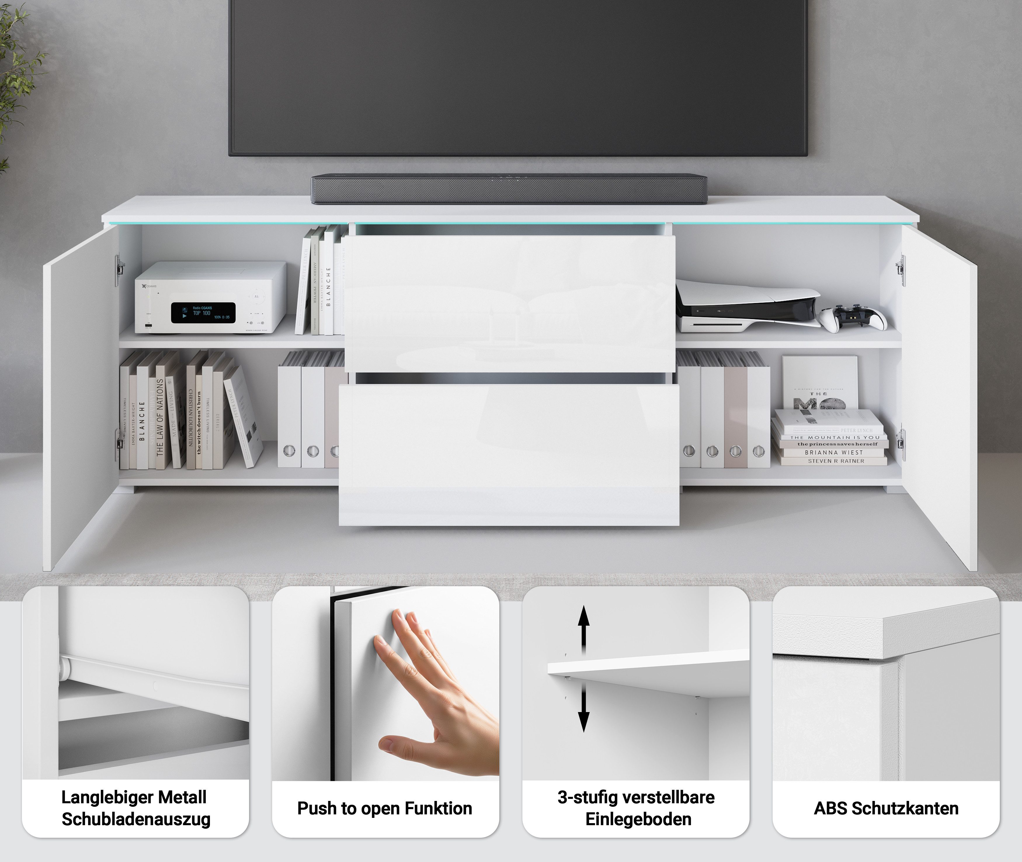 Home affaire Lowboard, Lowboard Vera, 2 Türen/2 Schubladen, TV-Schrank mit viel Stauraum