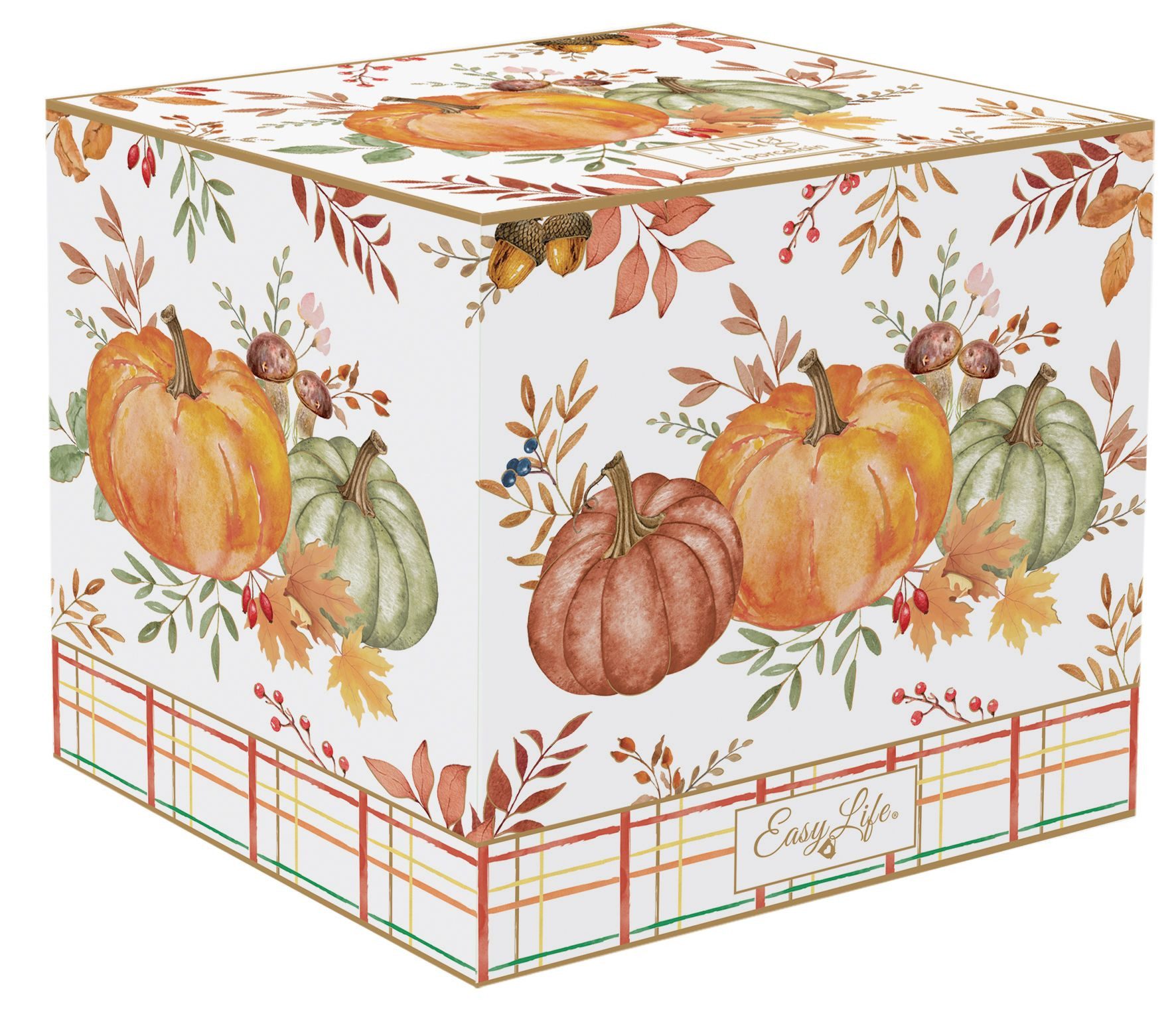 EasyLife Tasse Harvest, Porzellan, Spülmaschinengeeignet, Mehrfarbig, Kürbis, Blätter + Karos, H: 12.5cm