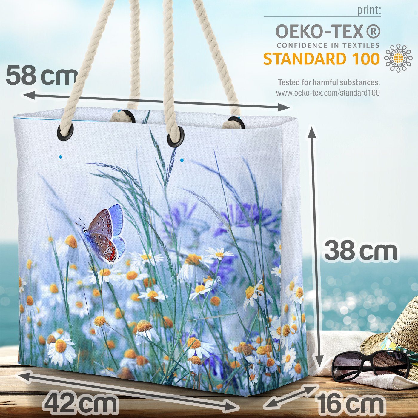 Schmetterling VOID (1-tlg), Frühlingswiese Beach Kamillen-Blüten Blumen-Wiese Strandtasche Bag