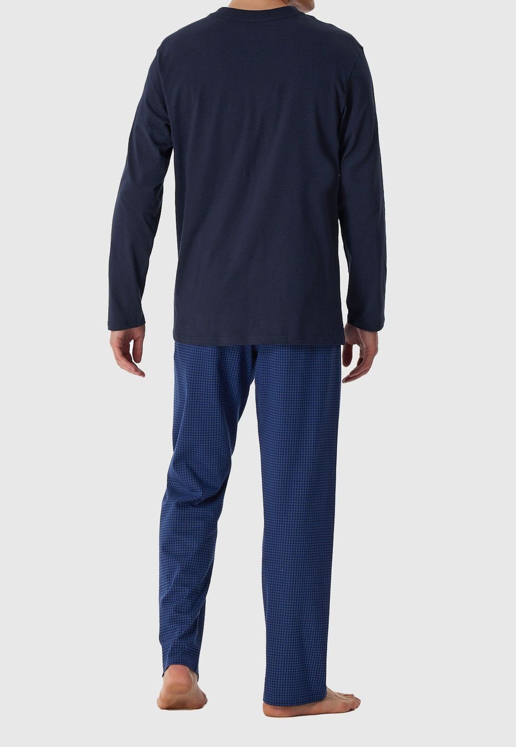 Pyjama Stück Hahnentritt selected! tlg) 1 blau 2 premium V-Ausschnitt, navy / Schiesser inspiration Unterteil lang, (Set,