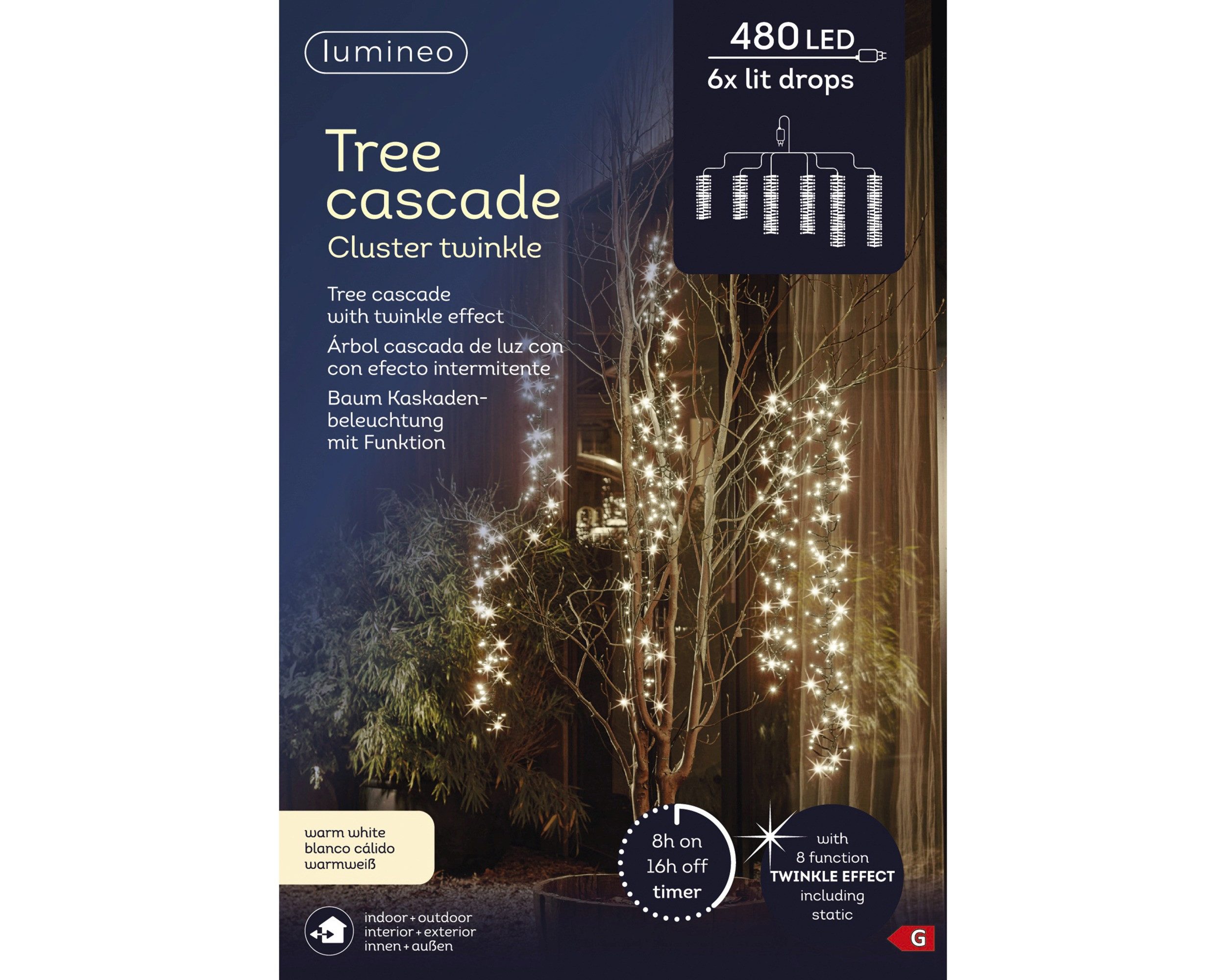 Lumineo LED-Lichterkette Lumineo, Baumbeleuchtung CLUSTER TWINKLE 480 LED warm weiß, 6 Stränge, 8 Twinkle-Modi, 8h-Timer, Indoor/Outdoor, 10 m Zuleitung