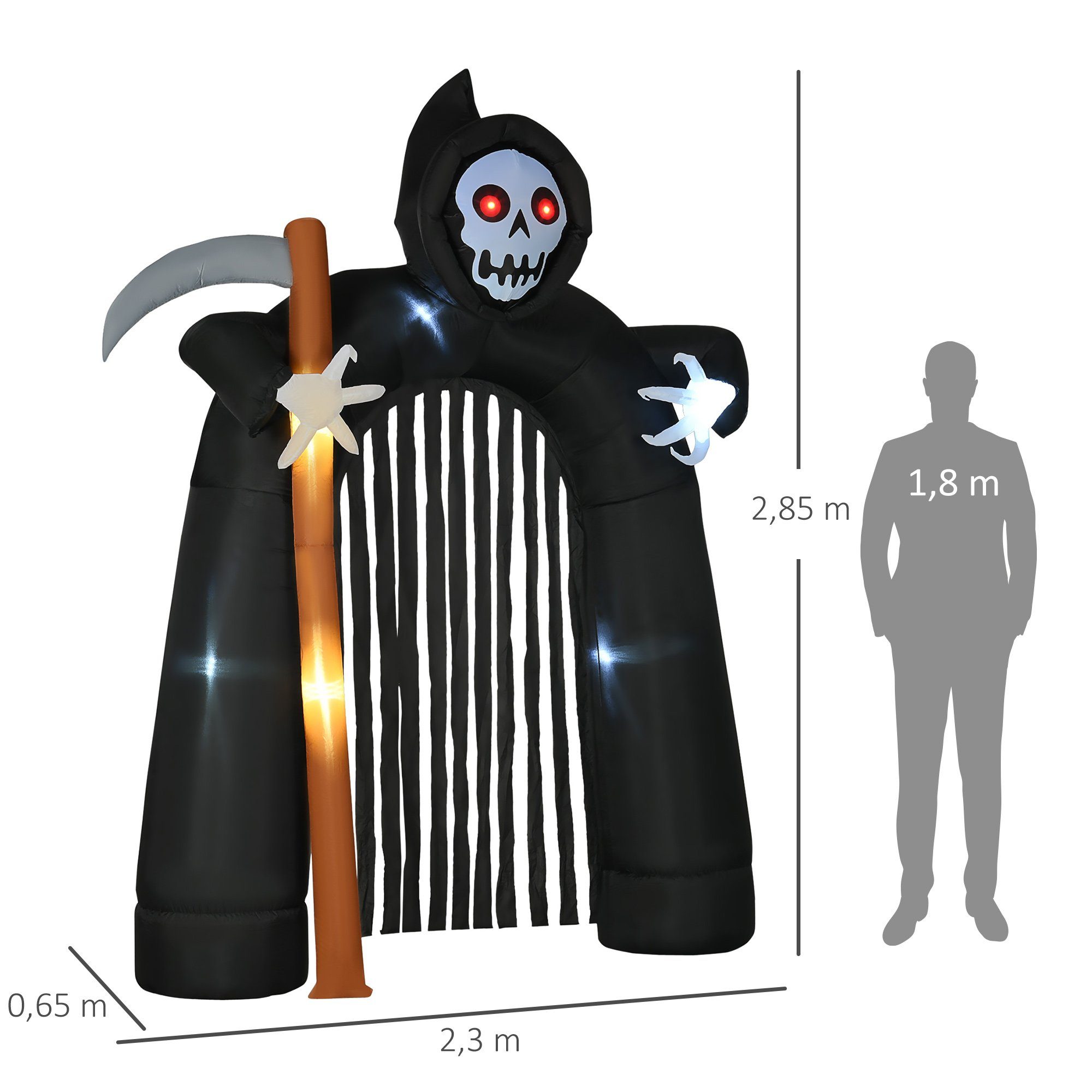 HOMCOM Dekofigur Halloween aufblasbarer Sensenmann-Torbogen, LED-Beleuchtung (Partydekoration, 5 St., Halloween-Deko), Schwarz 230 x 65 x 285 cm