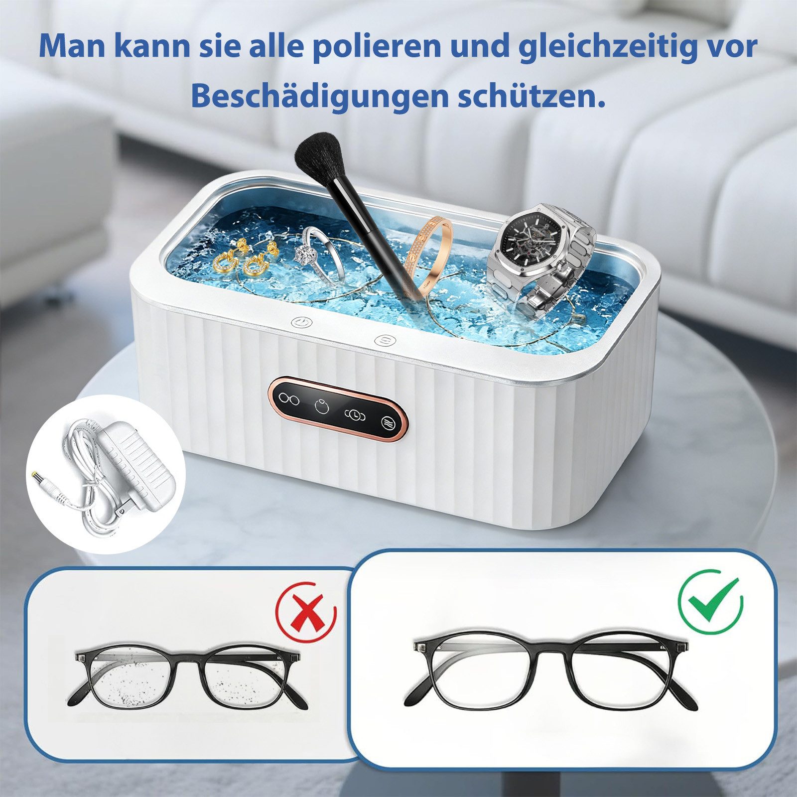 Produktbild von ERWEY Ultraschallreiniger 48kHz – 400 Ml, Edelstahl, UV-Funktion, 2 Modi, Für Brille, Schmuck & Zahnersatz
