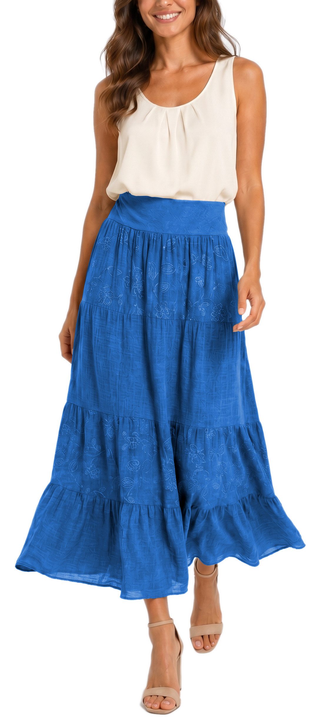dy_mode Maxirock Damen Maxirock Luftiger Stufenrock Langer Baumwollrock Sommerrock in Unifarbe, mit Gummibund, Blumenstickerei