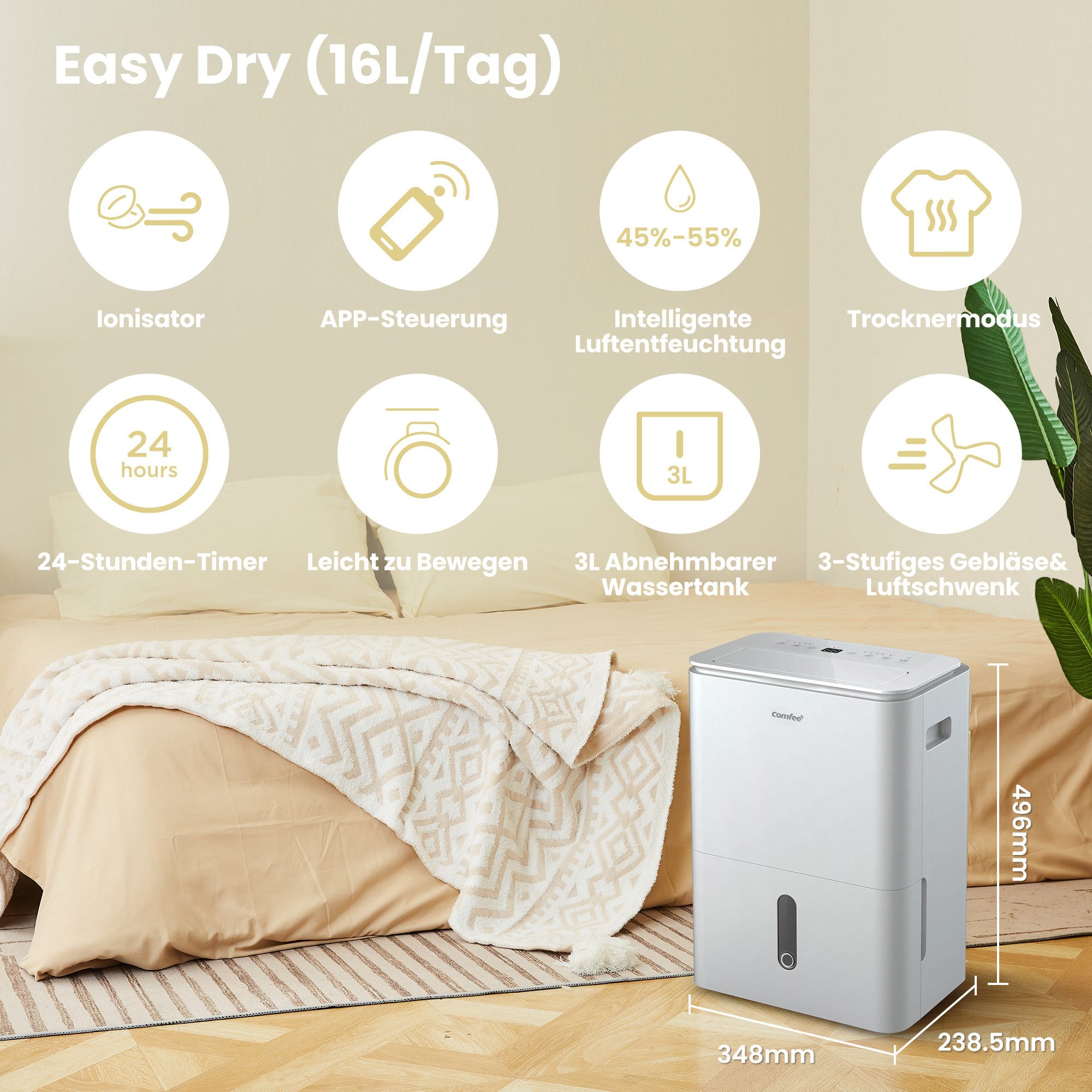 comfee Luftentfeuchter »Easy Dry 16« geeignet für Räume mit bis zu 32 m², Entfeuchtung 16 l/Tag, mit Trocknermodus, App -und Sprachsteuerung