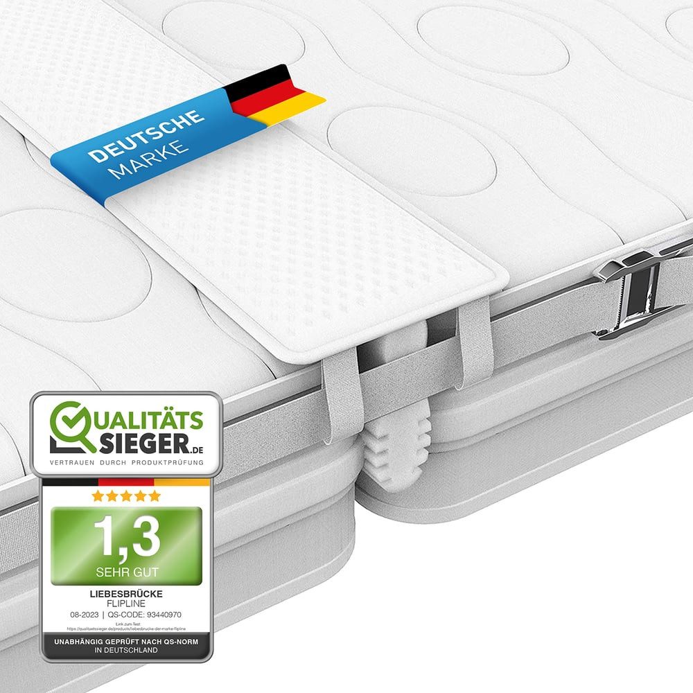 Matratzenkeil Liebesbrücke für Matratzen All-IN-ONE Premium Set [200x18cm] FLIPLINE®, mit rissfestem Bezug, Spanngurt und Transporttasche,  Matratzenbrücke