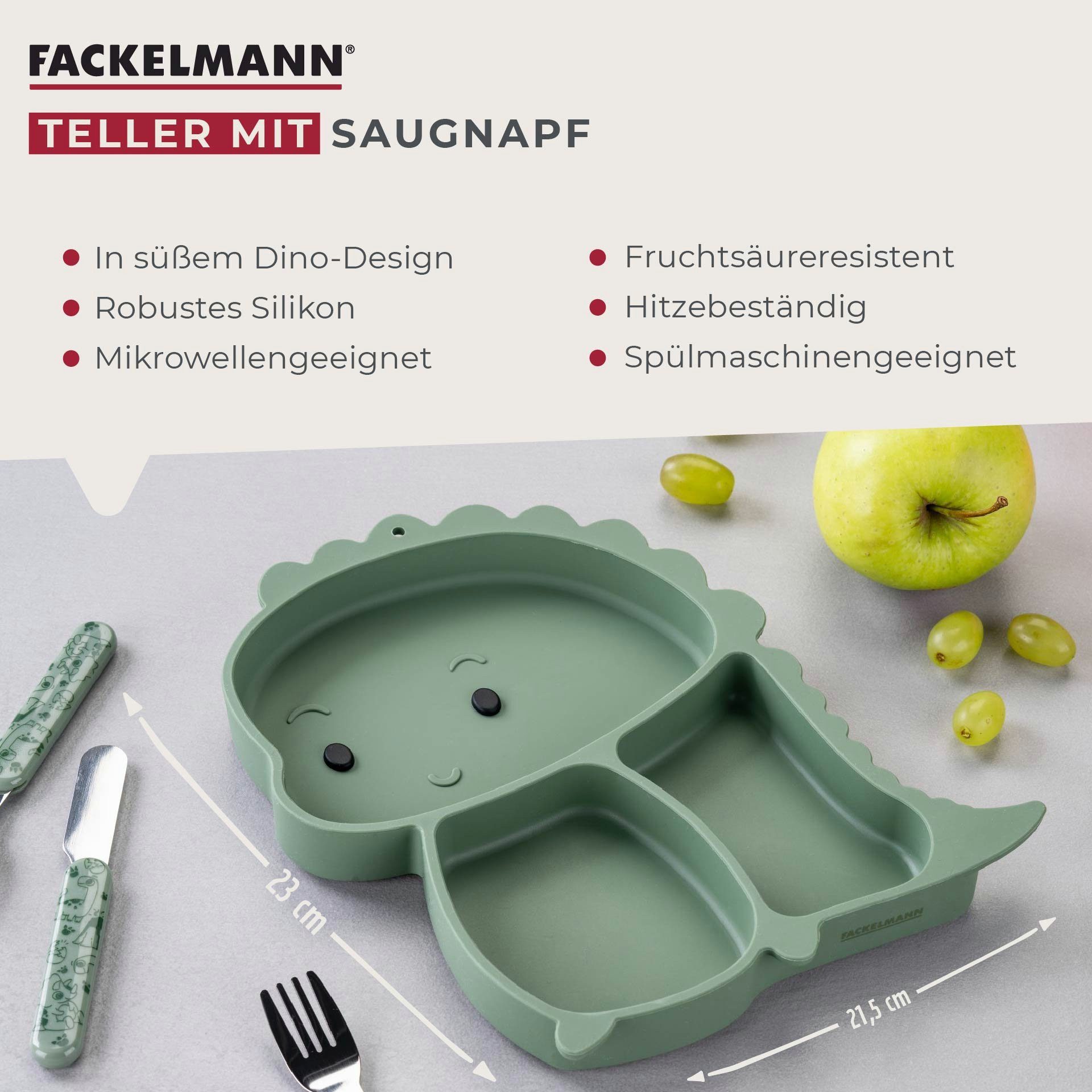FACKELMANN Kindergeschirr-Set Teller mit Saugnapf, Dino-Design, Kinderteller, Rutschfester Teller