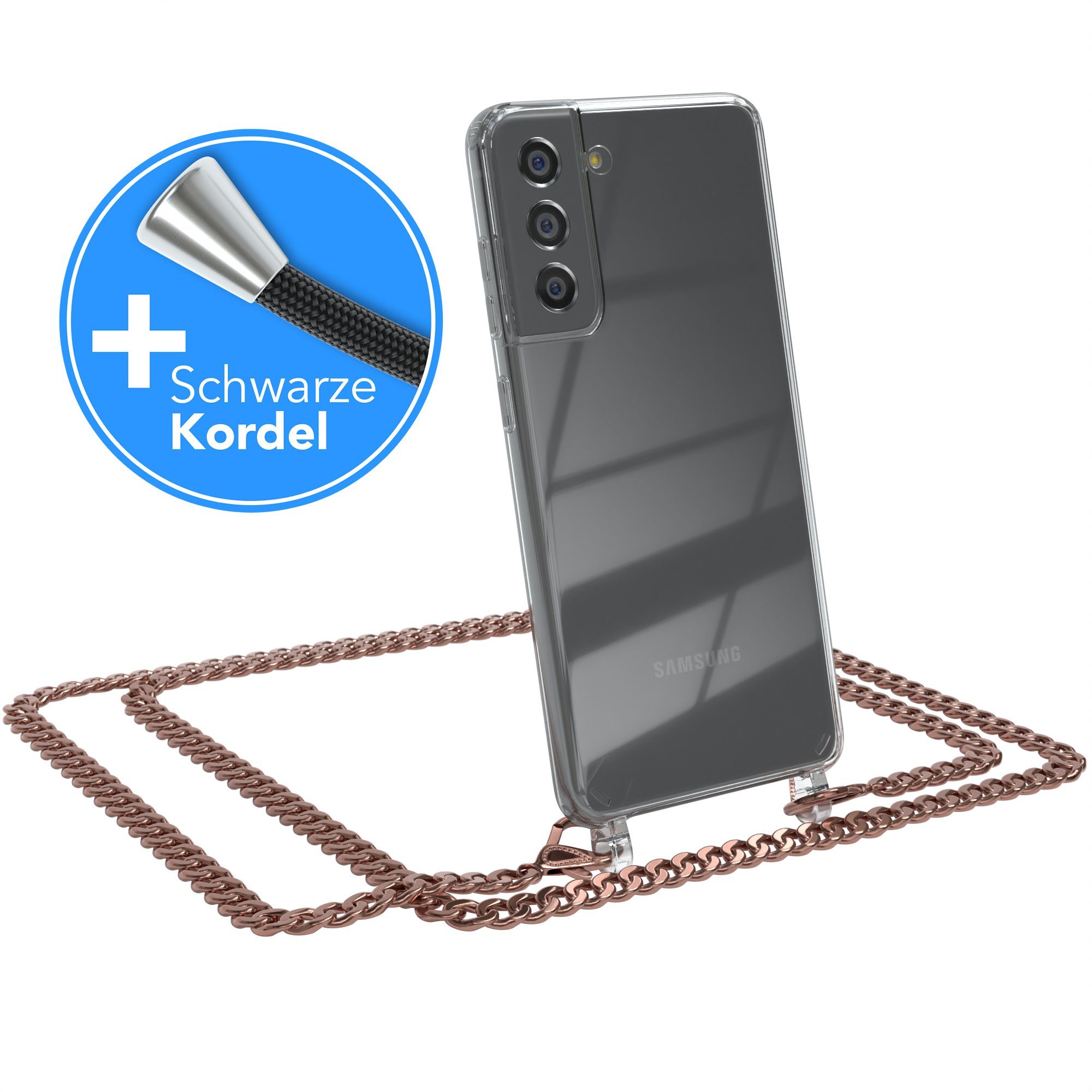 EAZY CASE Handykette 2in1 Metallkette für Samsung Galaxy S21 FE 5G 6,41 Zoll, Silikonhülle Transparent Smartphonekette für Unterwegs Ketten Rose
