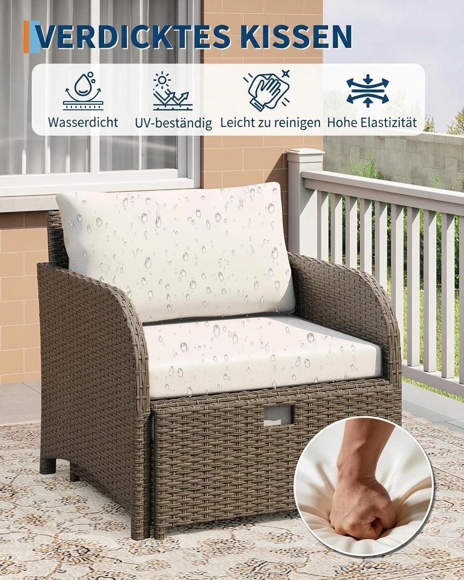 GarveeMore Gartenlounge-Set Terrassenmöbel mit Tisch,5 teilig Rattan Balkonmöbel Kleiner Balkon, Gartenmöbel Set Balkonset 2 Rattansessel mit Hocker,Outdoor Sitzgruppe