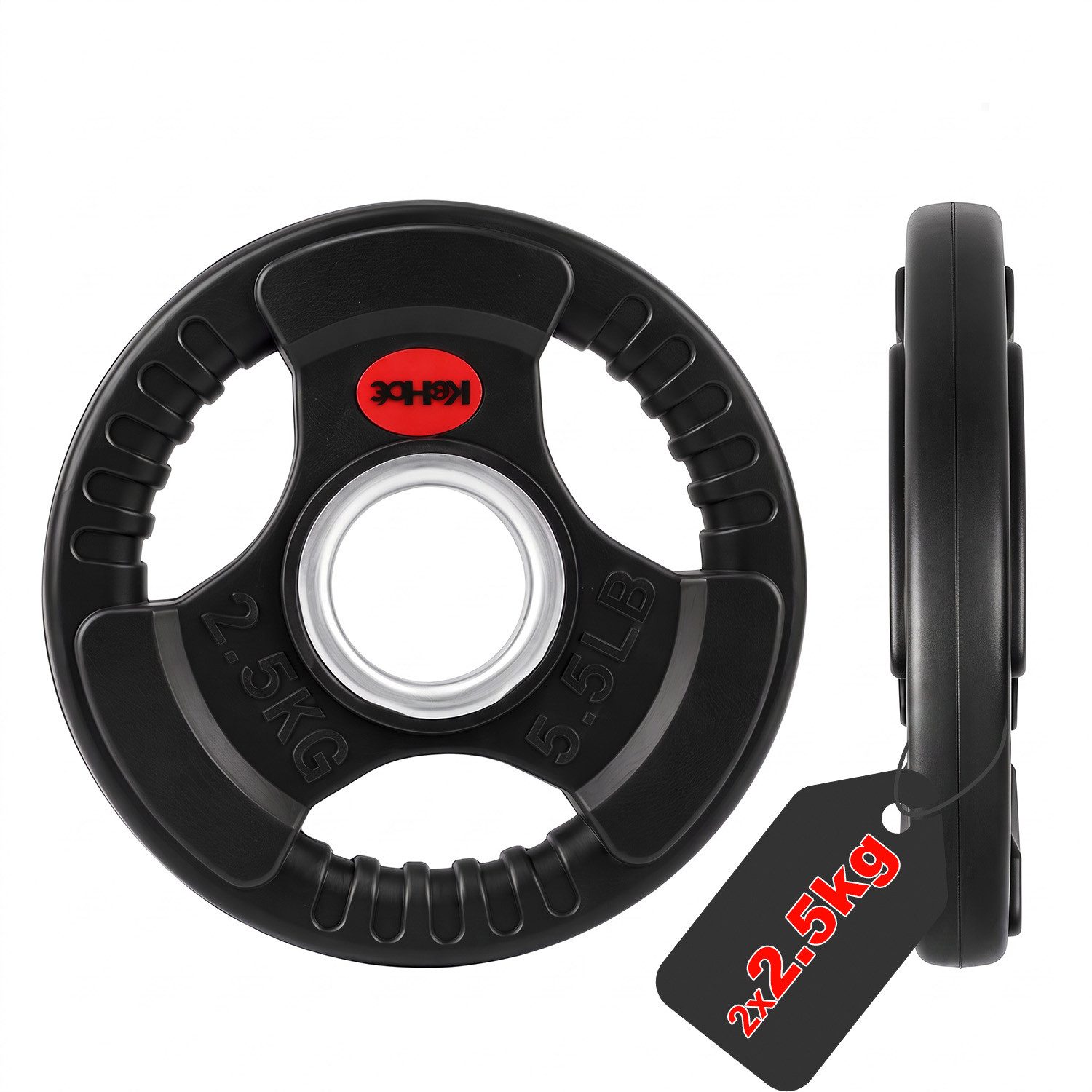 kehot Hantelscheiben Hantelscheiben 50 mm, Tri-Grip Design, Gusseisenkern, PVC-Gummierung, 5 kg, (2 x 2,5 kg Gewichtsscheiben für Langhanteltraining, 2-tlg., Für Techniktraining, Aufwärmsätze und kleine Steigerungen), Ergonomische Griffe für leichtes Wech