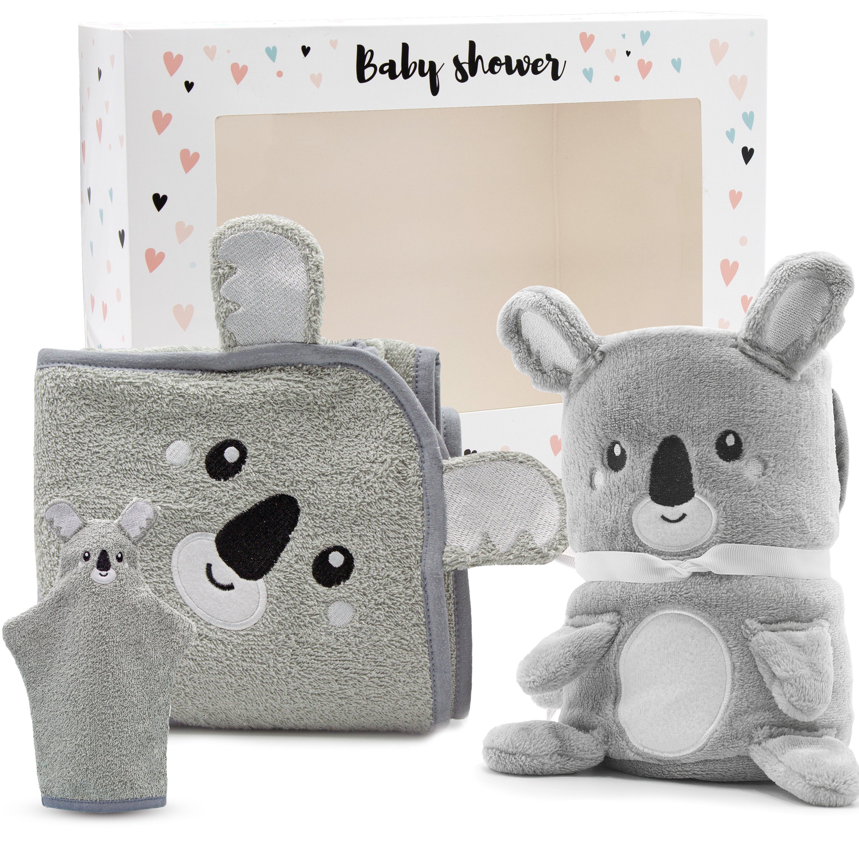 Neugeborenen-Geschenkset 3-tlg) (mit Koala Baby Babydecke + Kapuzenhandtuch + Babykajo Karton, Waschlappen