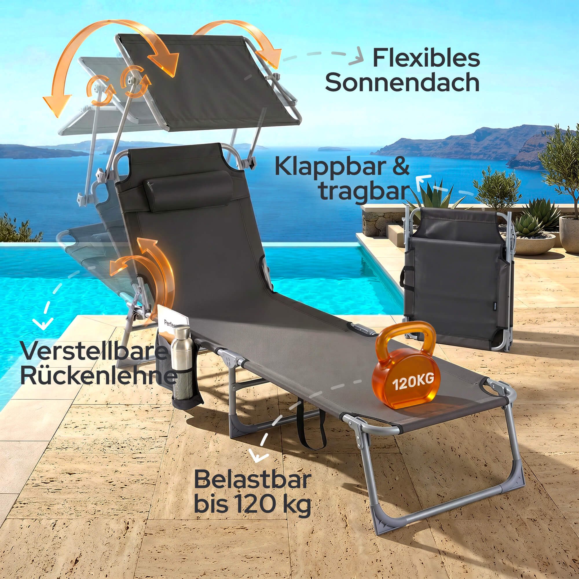 Arebos Gartenliege Klappbare Sonnenliege mit Sonnendach & Kopfkissen 120 kg 2er set, 2 St., 2-er Set, verstellbar, Sonnendach, Kopfkissen, Seitentasche, klappbar robust
