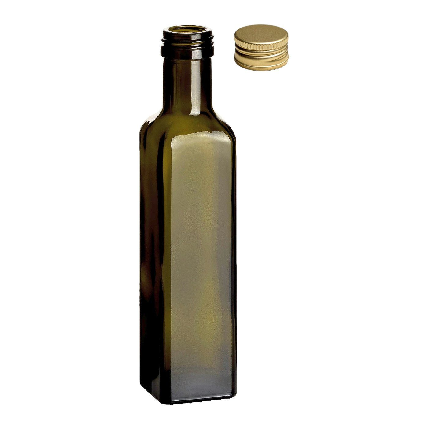 gouveo Trinkflasche Glasflaschen 250 ml Maraska -Antik- mit Schraubdeckel - Flasche 0,25 l, 10er Set, goldfarben