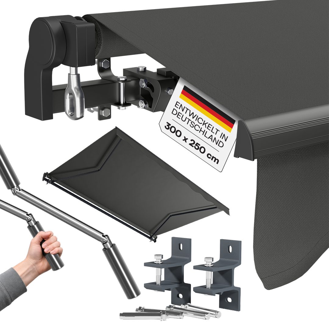 STEELSØN Gelenkarmmarkise Kestria wetterfest & blickdicht, Alu-Kassette, Wandhalterung & Gewebe (300x250 cm, anthrazit) langlebiges Kunststoffgewebe, Markise für Balkon/Dachterrasse/Garten