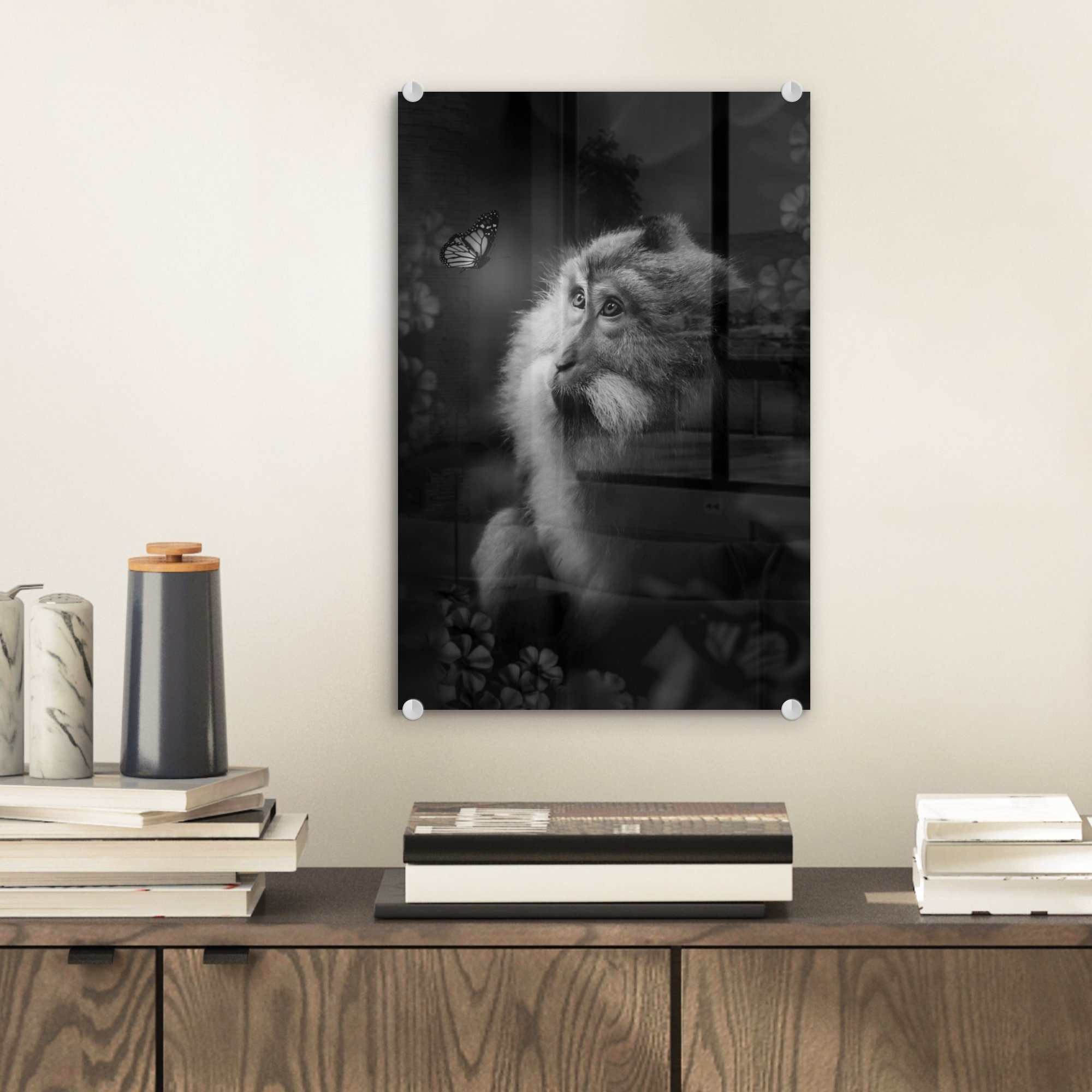 Glas Schmetterlings Foto auf auf Wanddekoration Porträt - und (1 Wandbild - im Glasbilder - - schwarz, eines St), Acrylglasbild Dschungel Glas Bilder eines Affen MuchoWow bunt