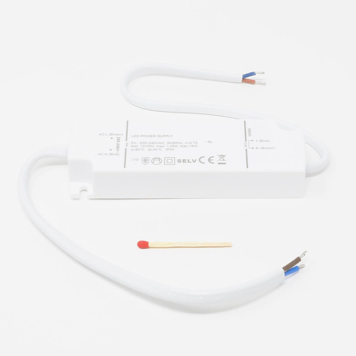 Designlight LED Trafo SLIM IP44, 12V DC 15W, 2x 15cm Kabel LED Trafo