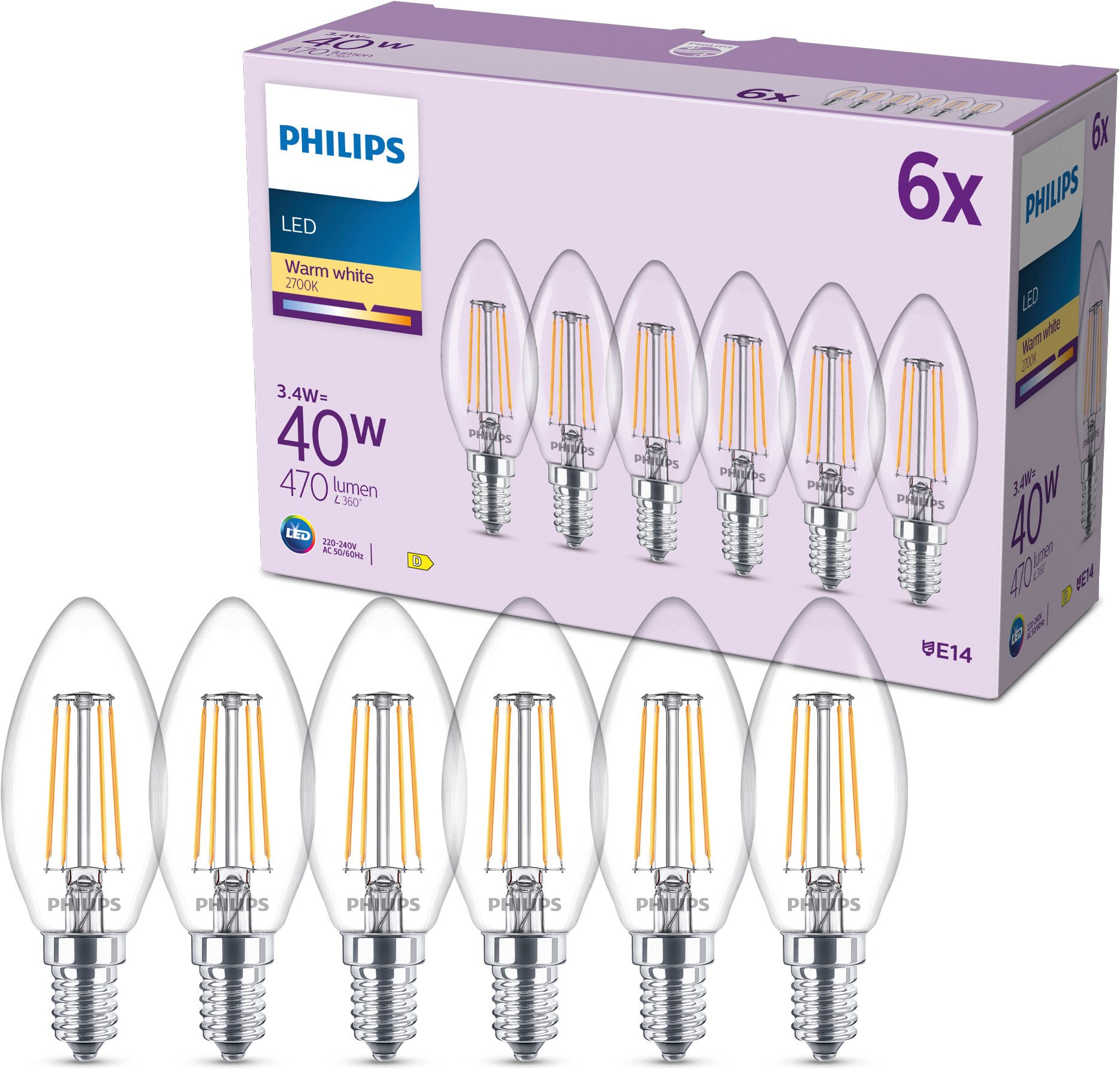 Philips LED-Leuchtmittel Lampe, 6er-Pack, 40W, Kerzenform, E14, 6 St., Warmweiß, Lange Lebensdauer, Warmweißes Licht, Klar