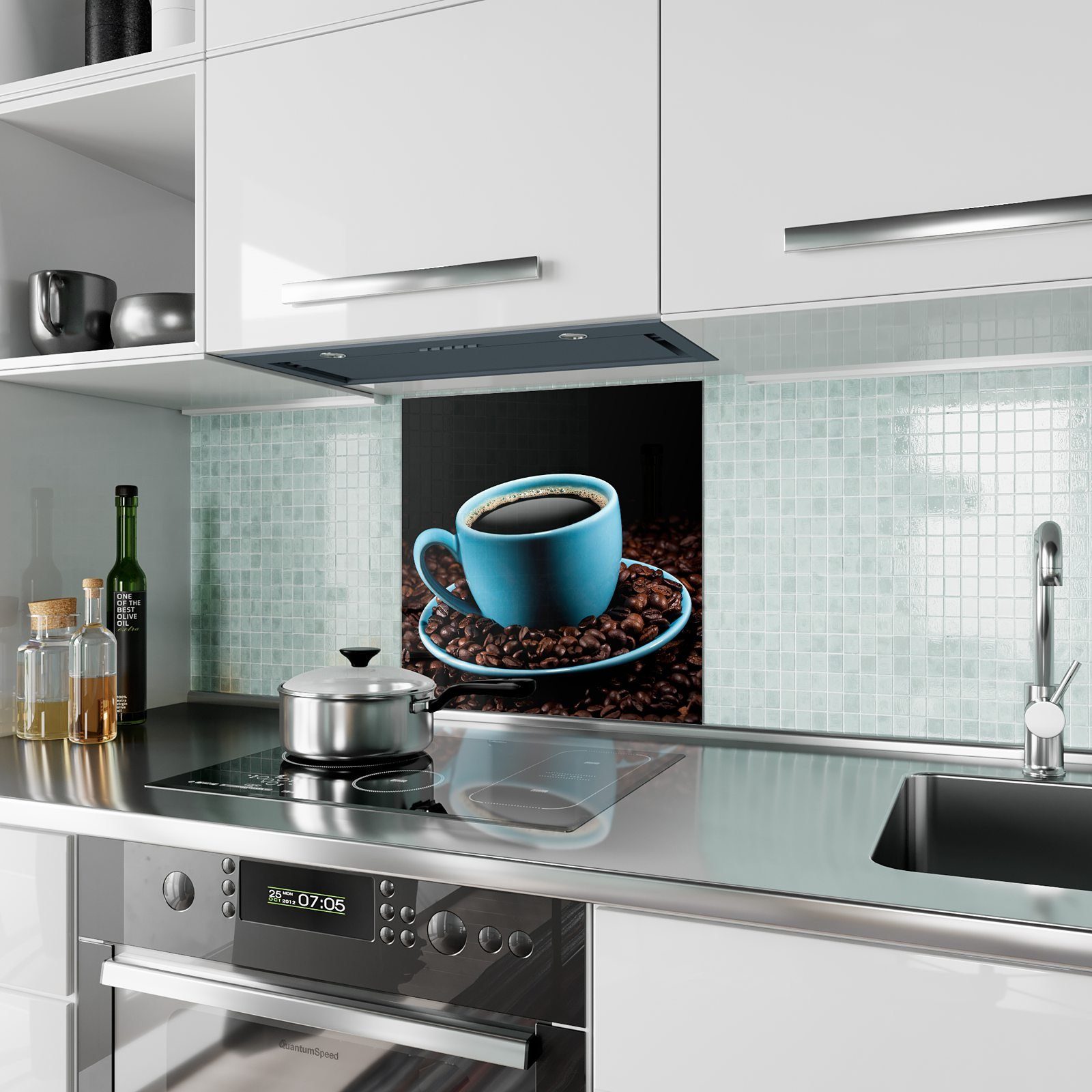 Primedeco Küchenrückwand Küchenrückwand Spritzschutz Glas Farbige Motiv mit Kaffeetase