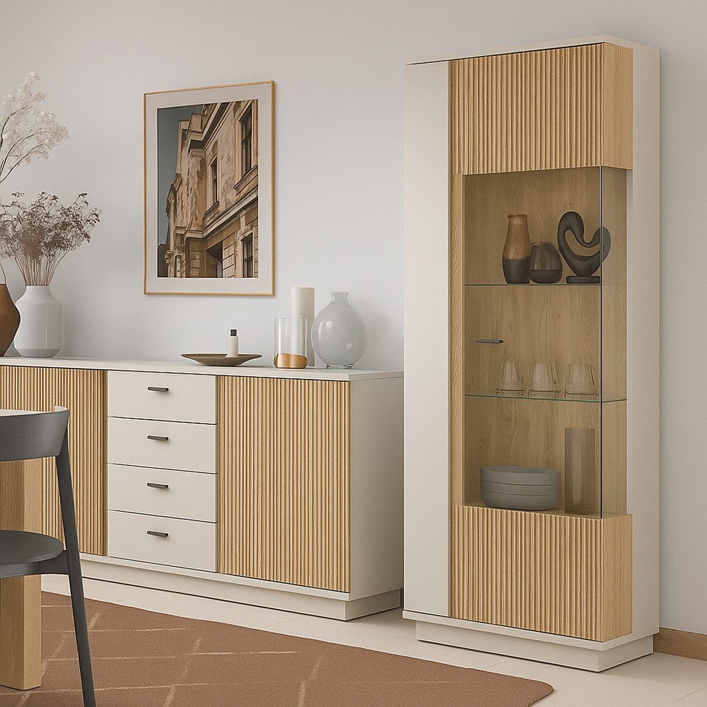 Lomadox Vitrine MOLINA-129 Wohnzimmerschrank 62 cm breit in Eiche & kaschmir mit Softclose